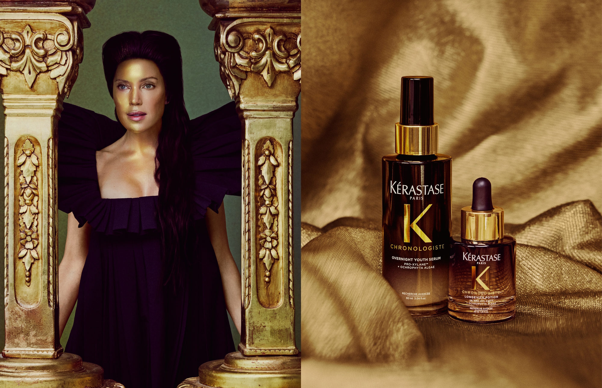 A woman in a black dress posed between ornate gold columns alongside two Kérastase Chronologiste hair serum bottles on draped gold fabric.
