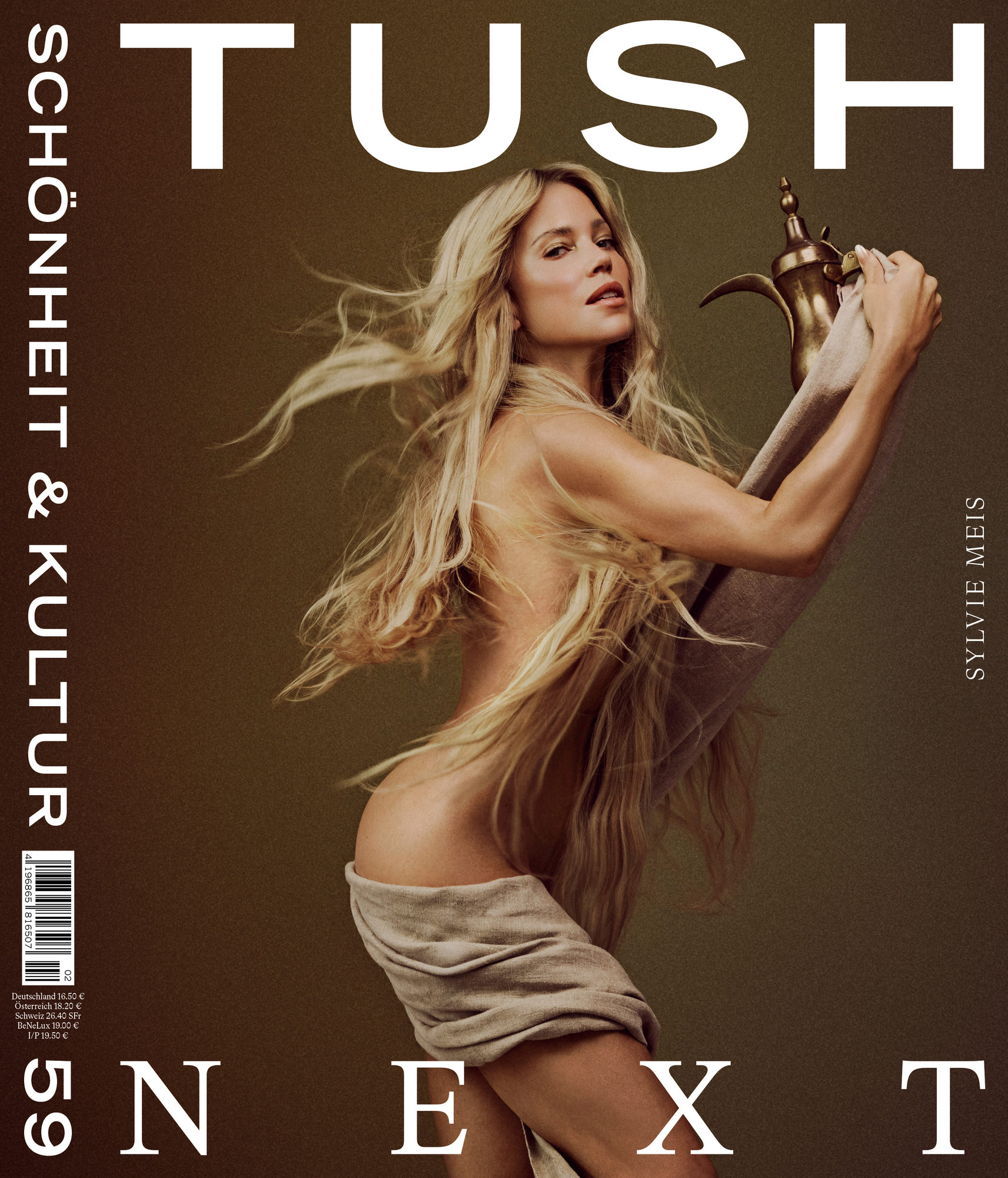 TUSH magazine cover featuring Sylvie Meis semi-nude with long, windswept blonde hair, partially draped in beige fabric while holding a traditional brass pitcher.