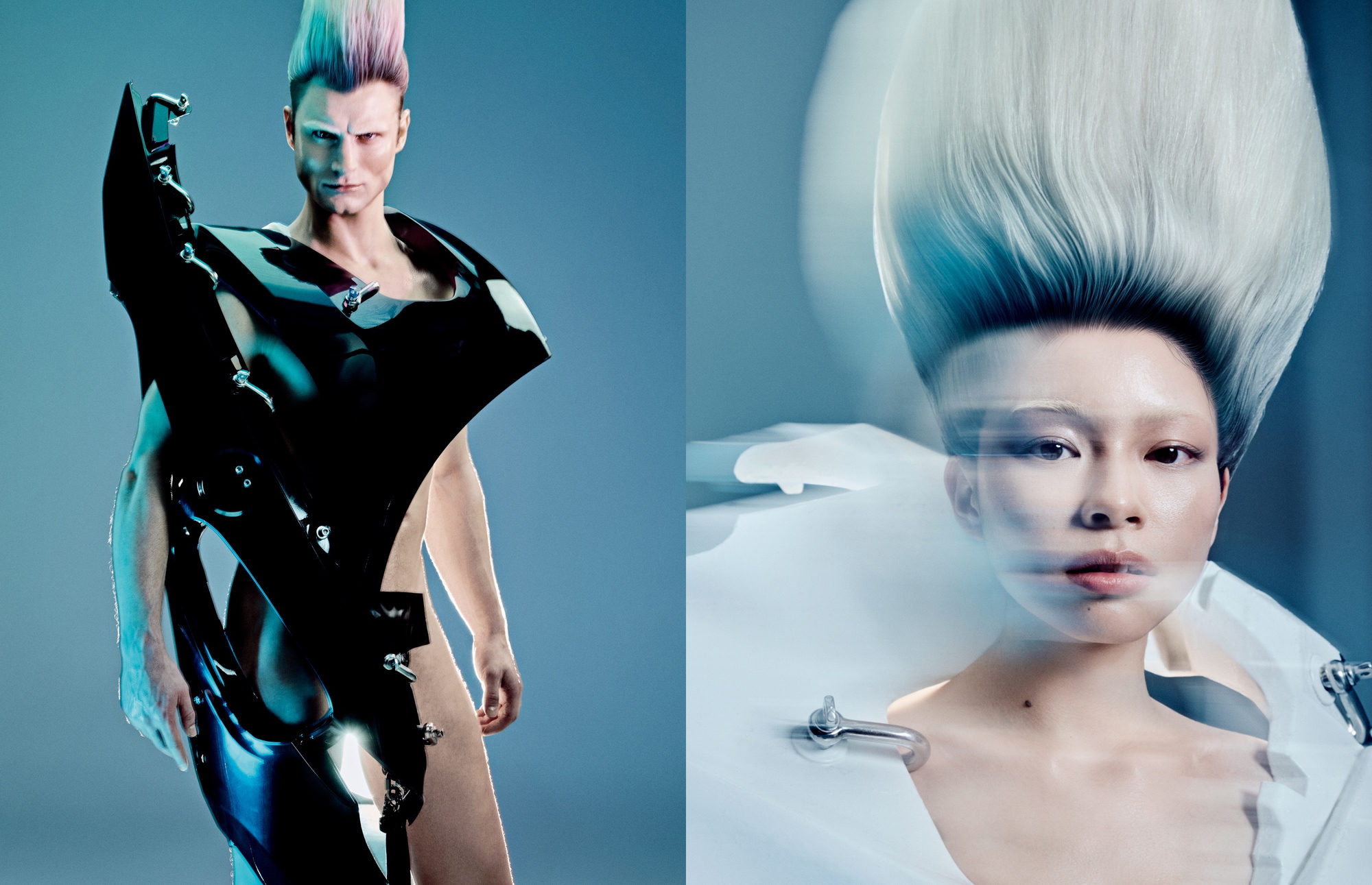 Side-by-side portraits of two models showcasing futuristic, avant-garde fashion with sculptural black and white garments and dramatic, towering hairstyles.