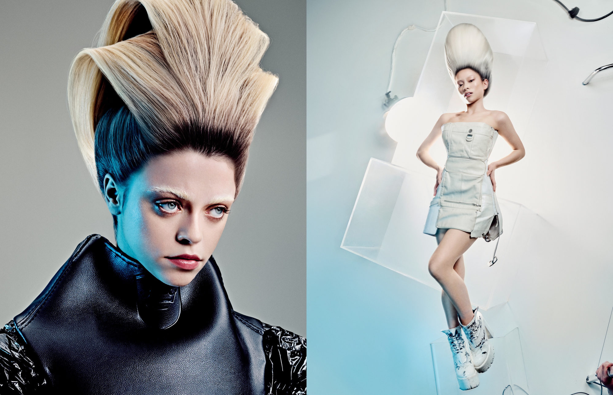 Futuristic fashion portraits of two models sporting towering sculptural hairstyles and contrasting black and white outfits.