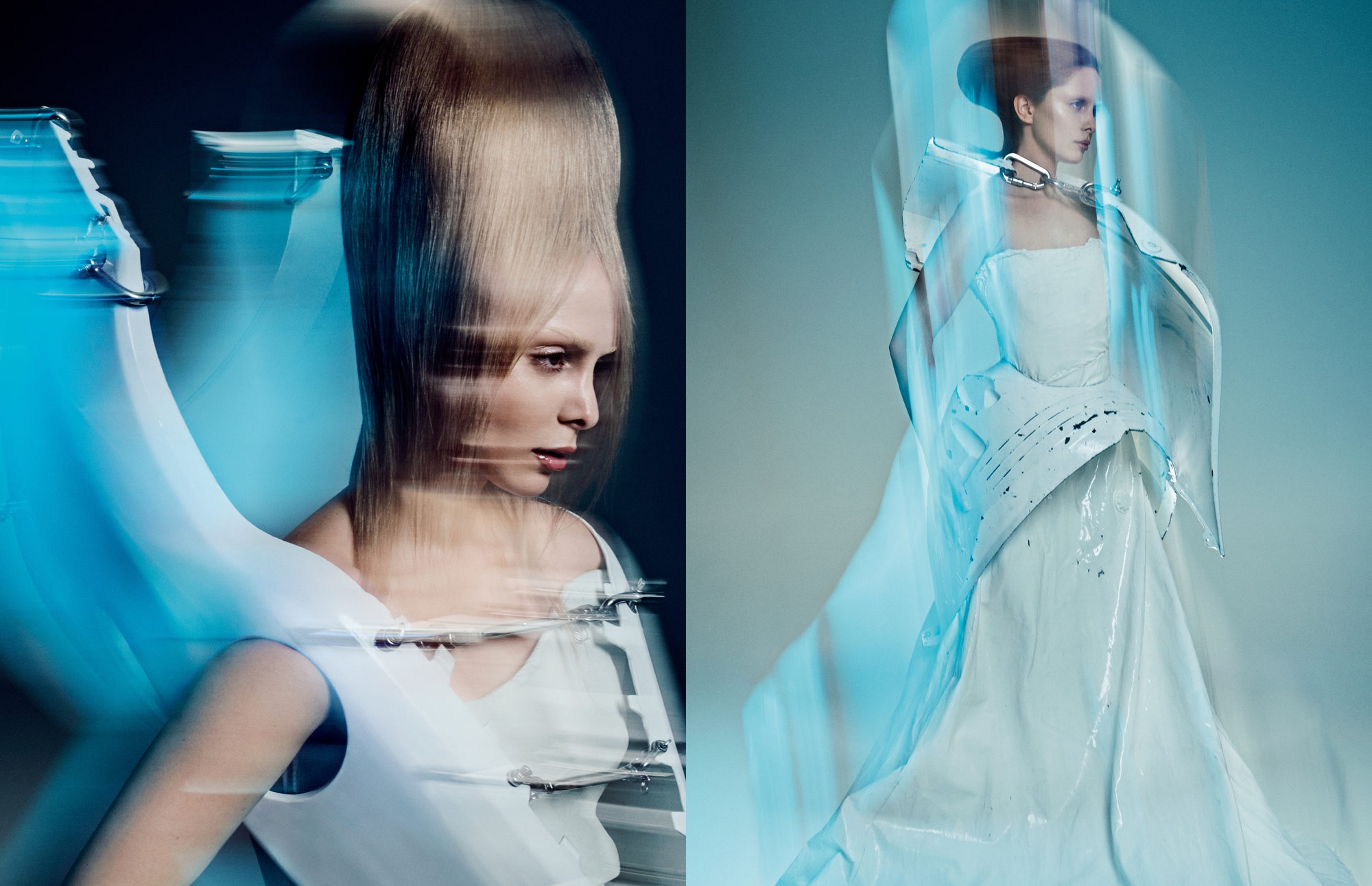 Side-by-side avant-garde fashion portraits of a model wearing sculptural white garments with towering hairstyles and ethereal motion blur effects.