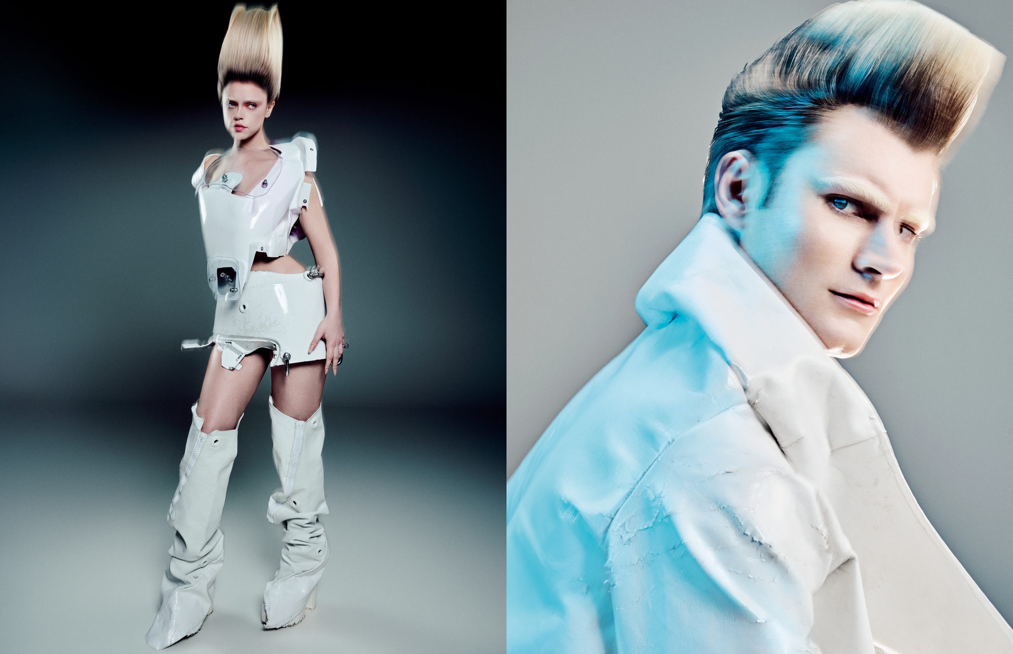 Side-by-side fashion portraits of models with towering blonde hairstyles wearing futuristic white avant-garde outfits.