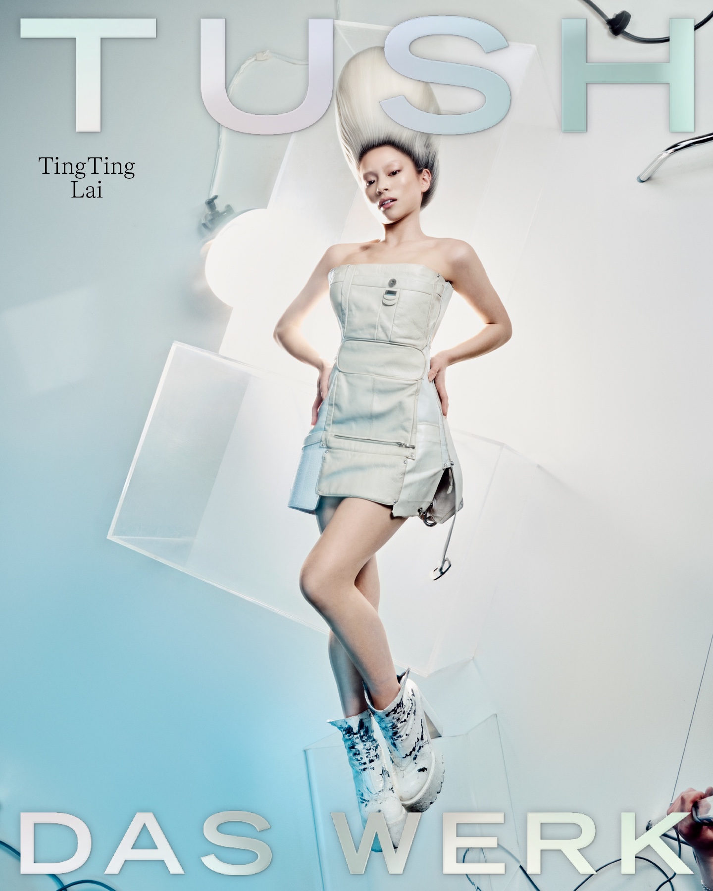 Magazine cover for TUSH featuring model TingTing Lai posing in a strapless white mini dress with towering sculpted hair.