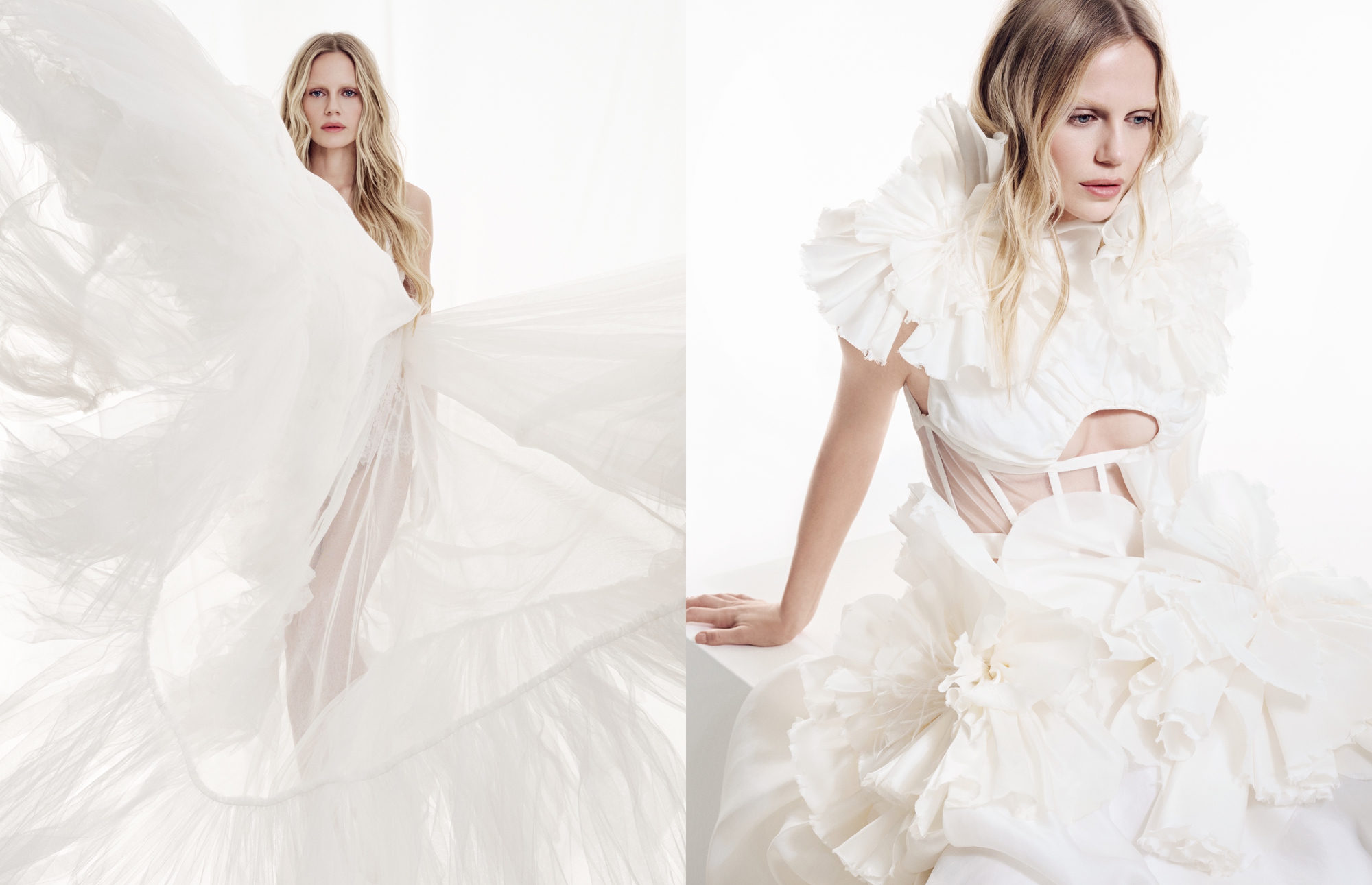 A fashion editorial diptych of a blonde model posing in dramatic, ruffled white couture gowns against a bright white background.