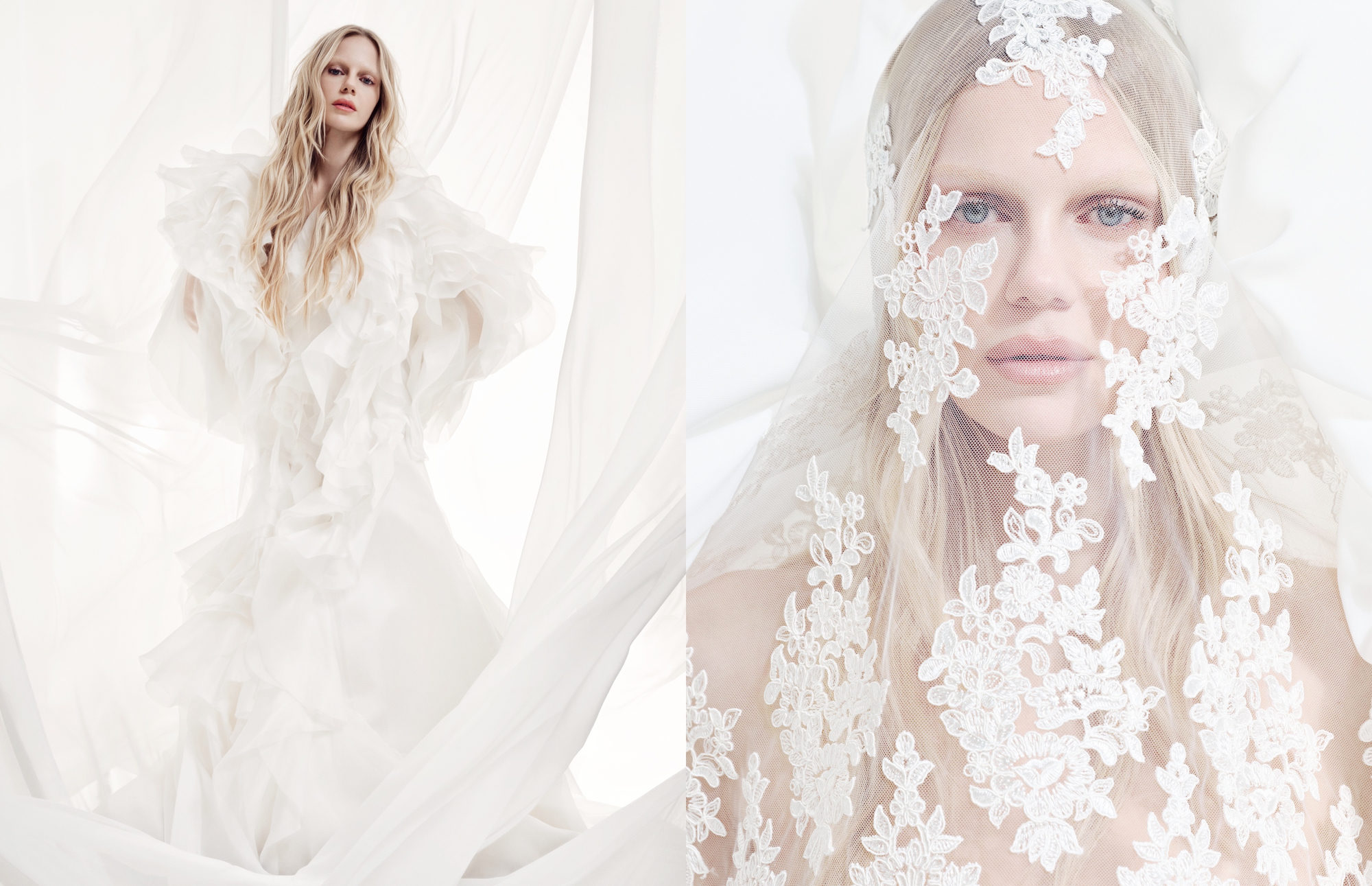 Split image of a model in a voluminous ruffled white bridal gown alongside a close-up portrait of her wearing an intricate lace veil.