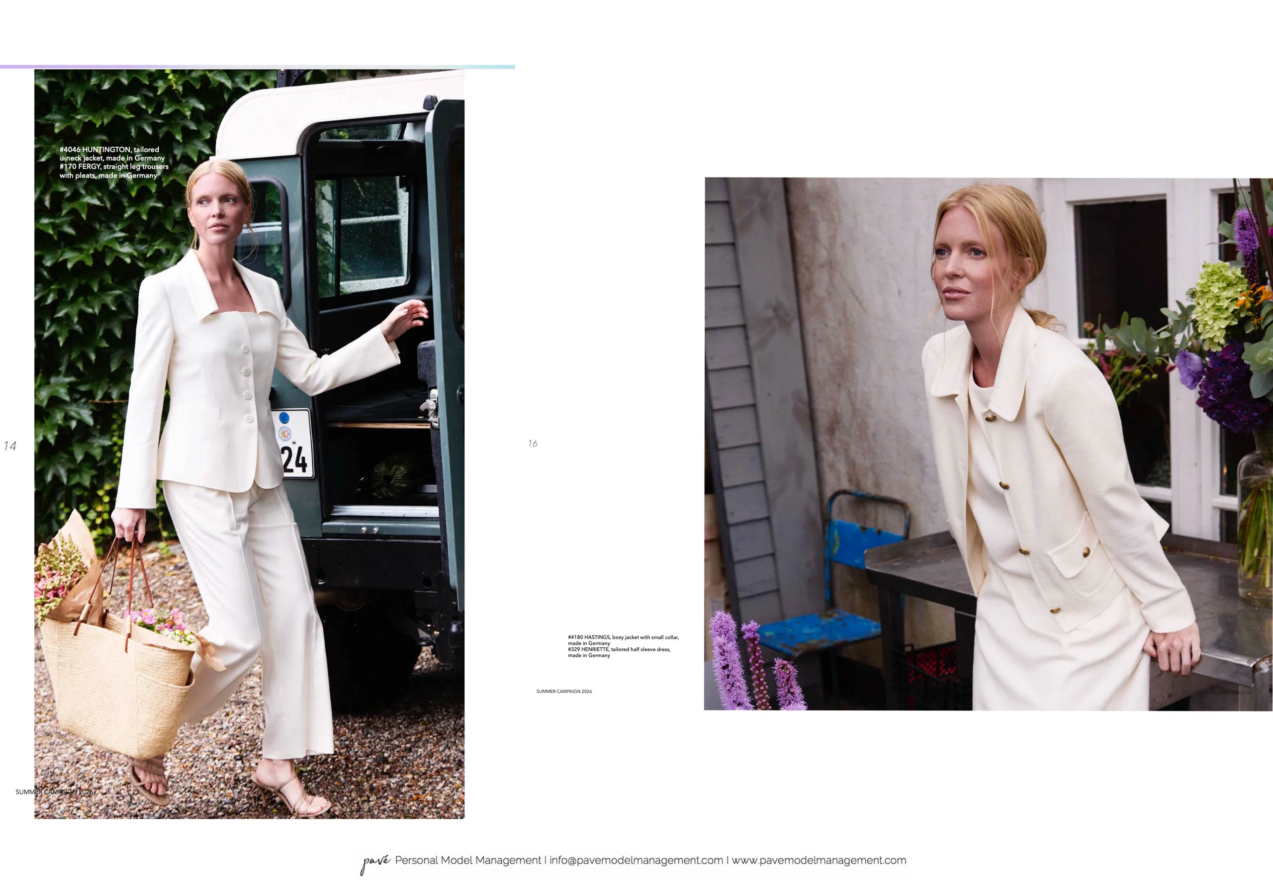 A magazine spread shows a woman in a white suit stepping out of a car and a close-up of a woman in a white coat.