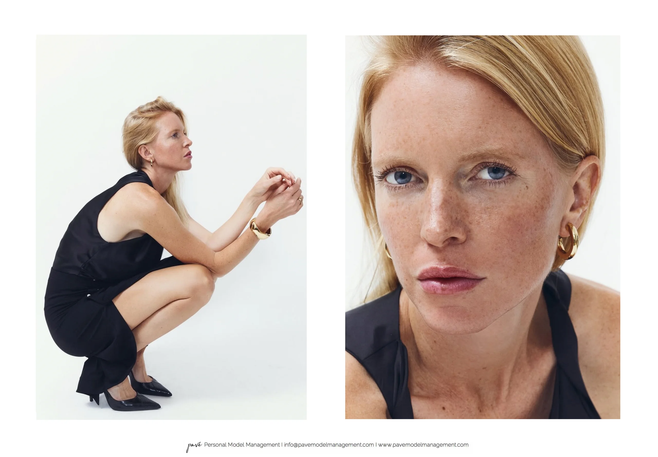A two-panel image shows a blonde woman with blue eyes crouching in a black outfit in the left panel and a close-up of her face in the right panel.
