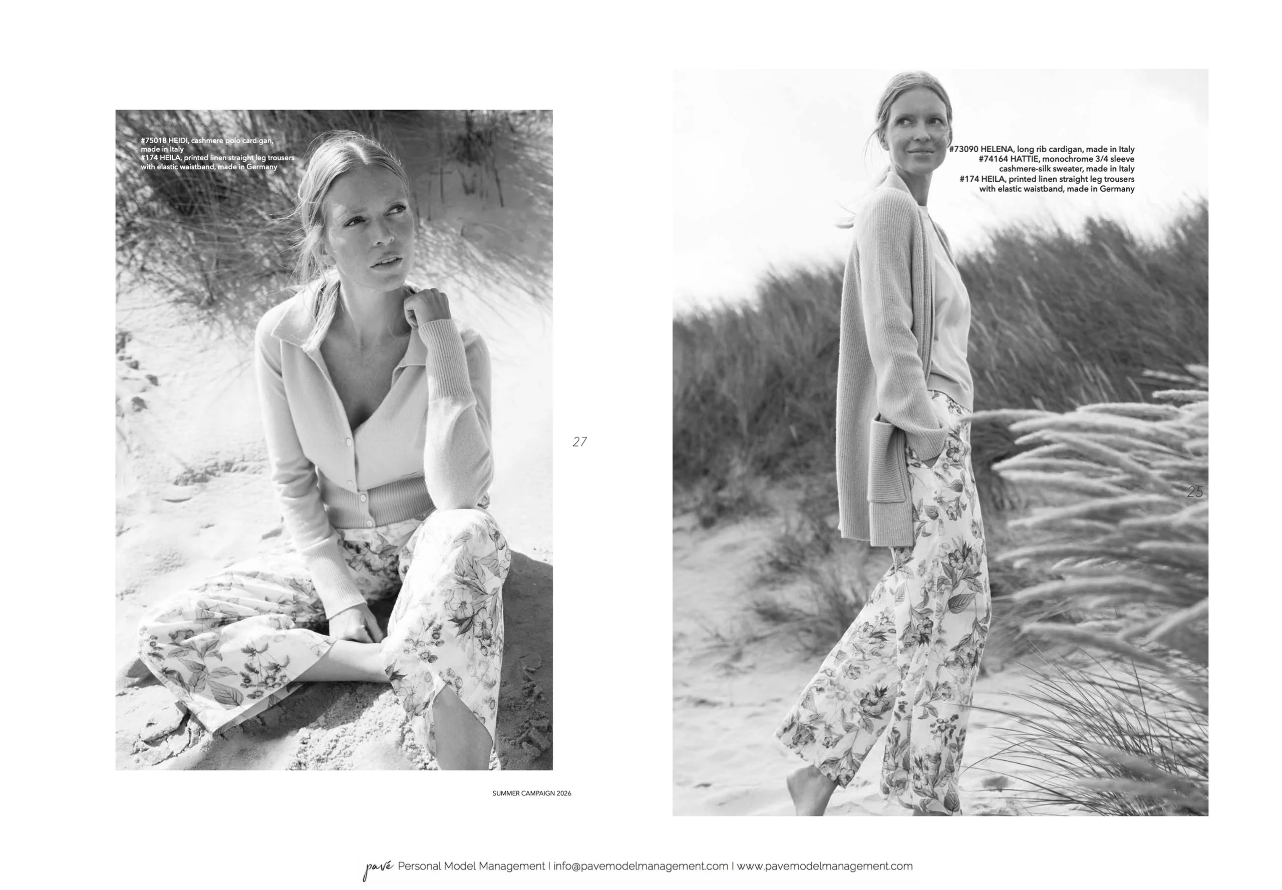 A black and white image displays a woman in two different poses, showcasing an outfit with a cardigan and floral pants against a sandy, grassy background.