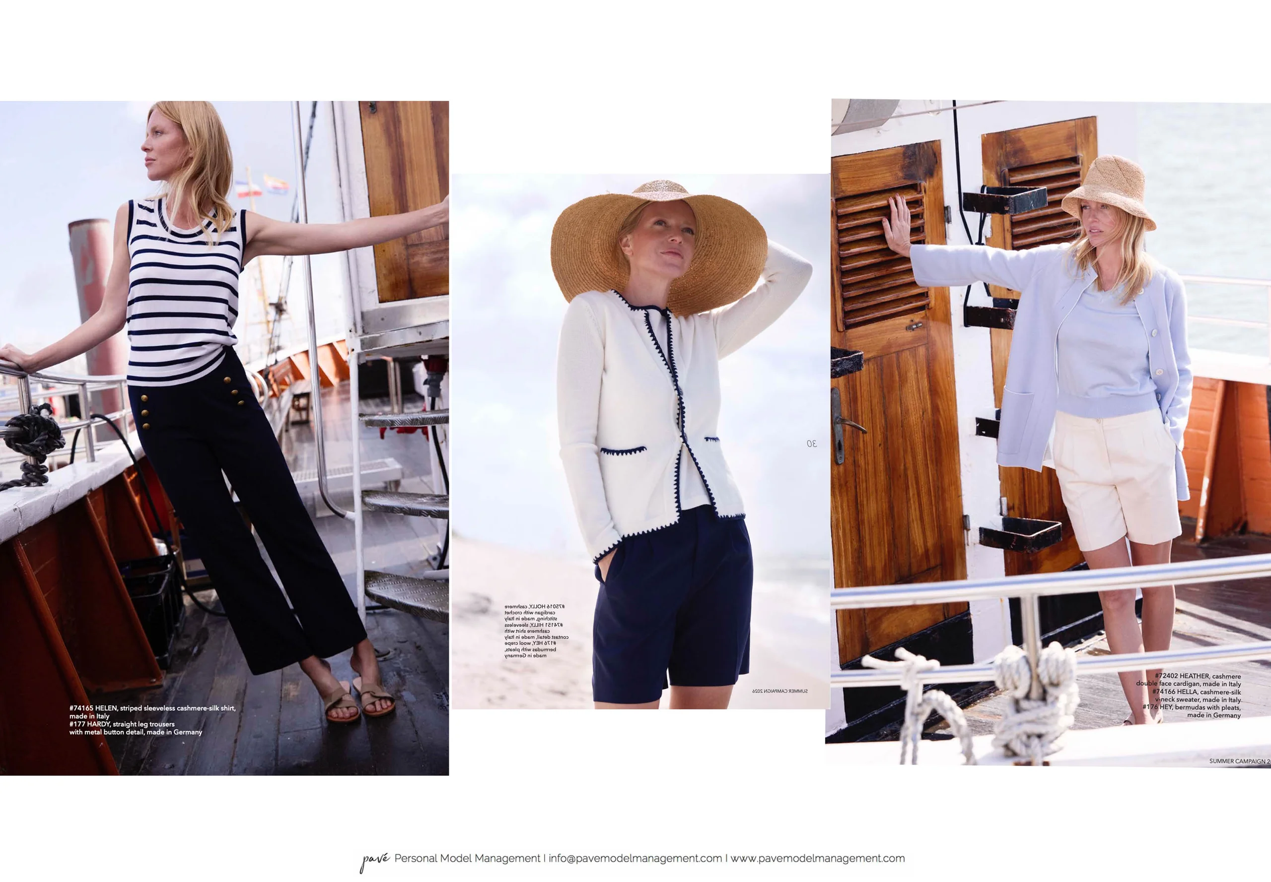 A blonde woman models three different nautical-themed outfits on a boat and a beach.
