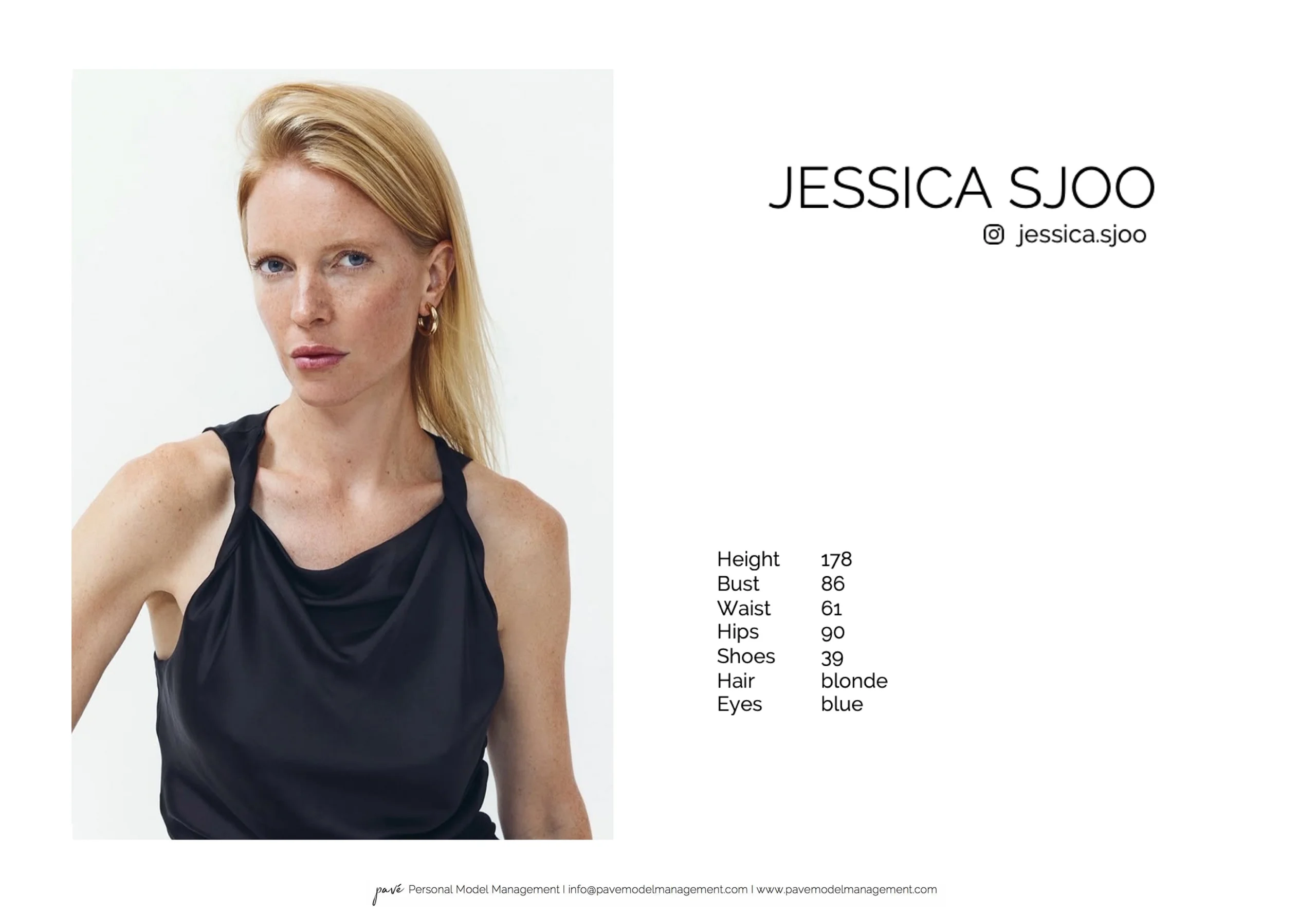 A model card featuring a headshot of Jessica Sjoo, with her name, Instagram handle, and measurements listed alongside.