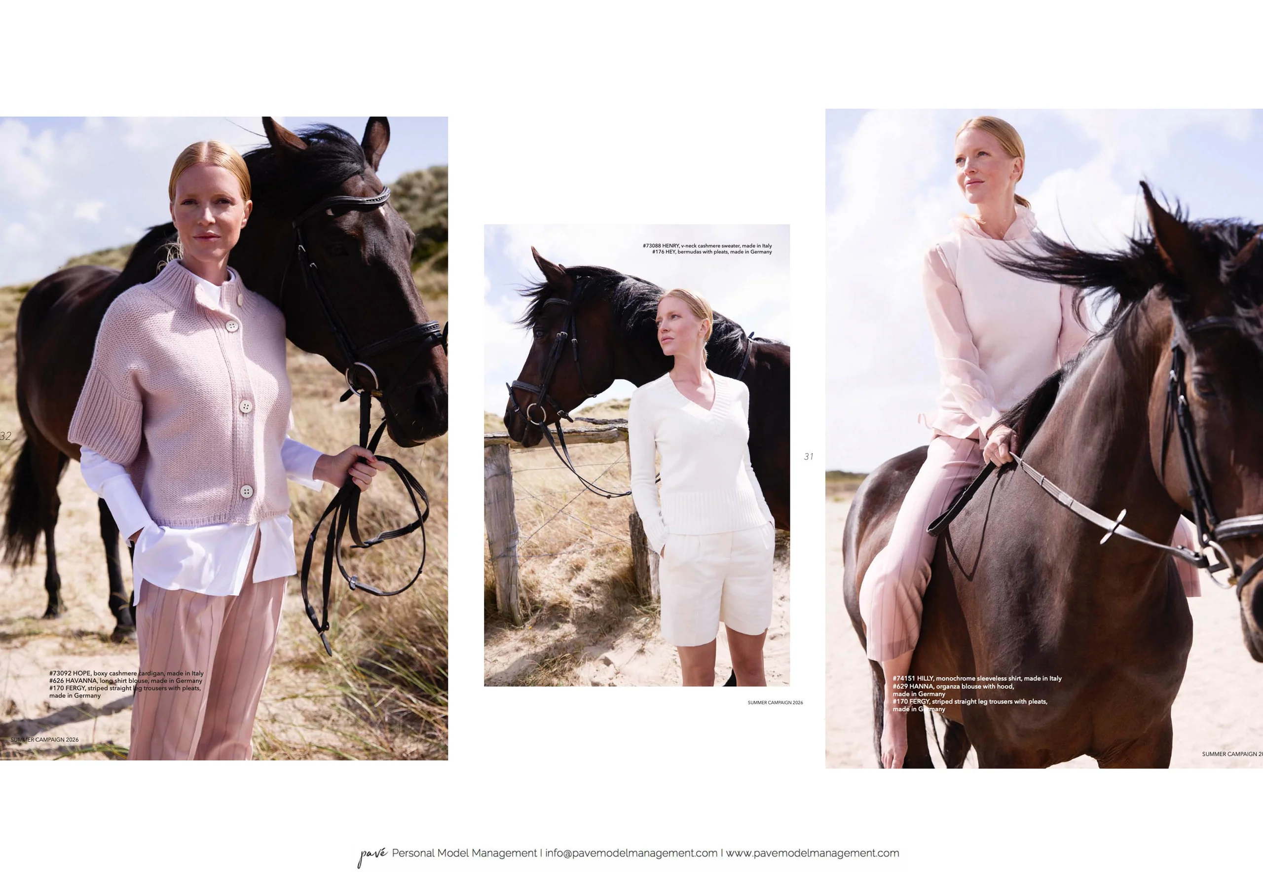 A three-panel fashion advertisement features a woman posing with dark brown horses in outdoor settings, modeling various light-colored outfits.