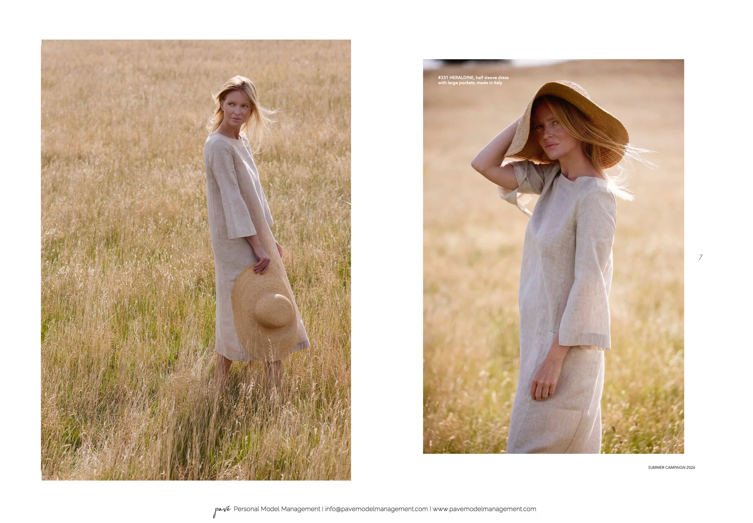 Two women in tan linen dresses pose in a field of tall, golden grass.