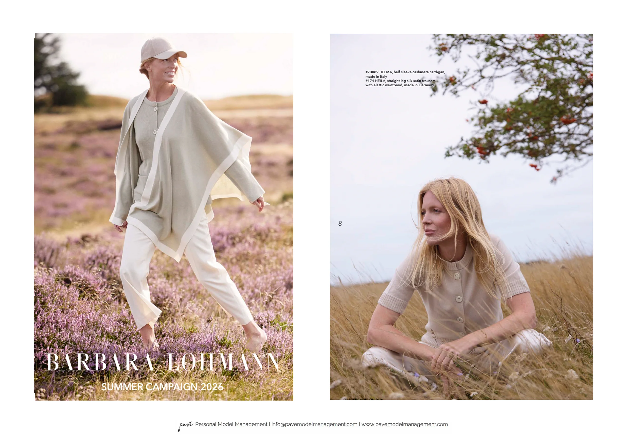 Two women modeling clothing in outdoor settings, with one walking through a field of lavender and the other sitting in a field of tall grass.