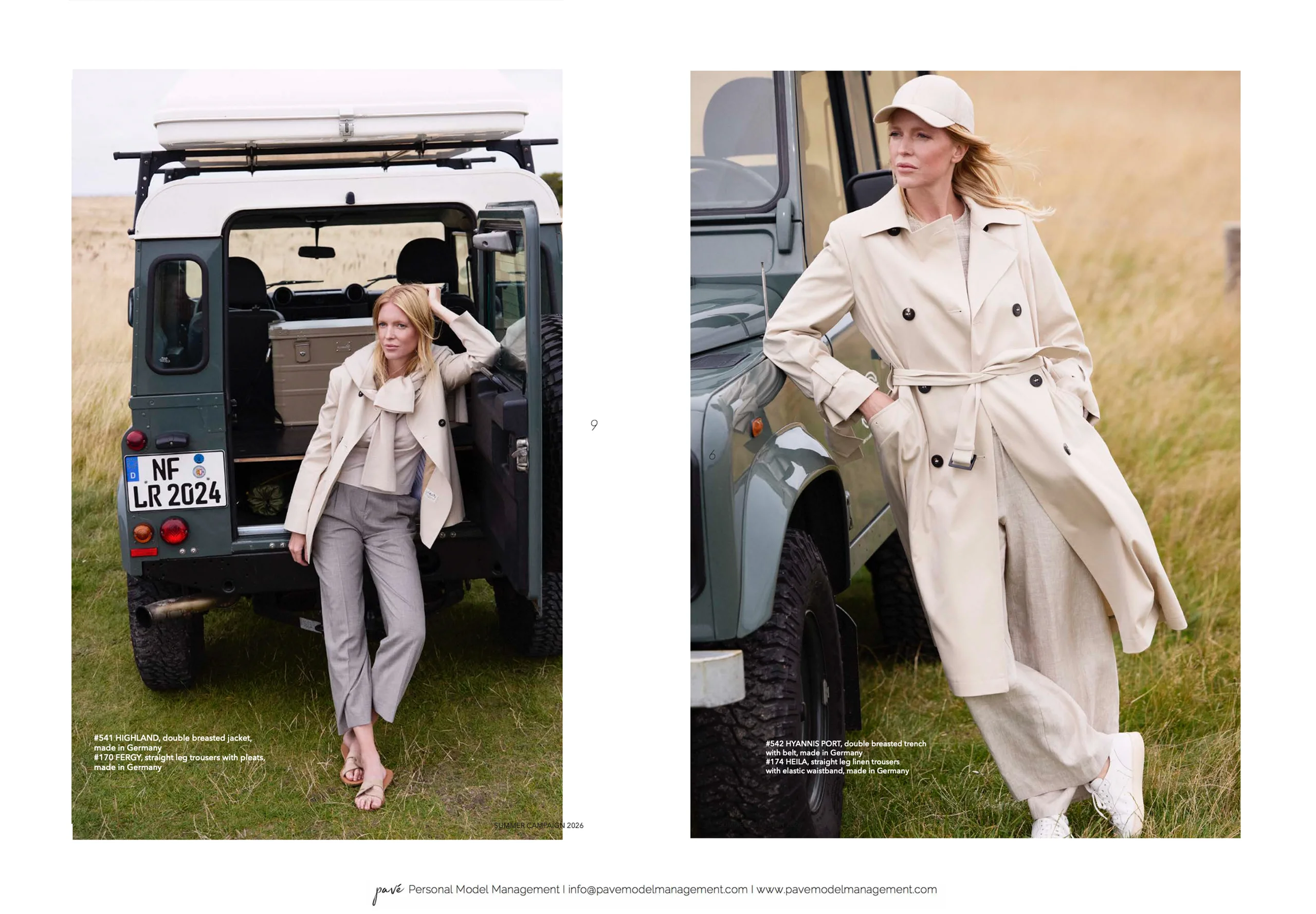 Two women in stylish neutral-toned outfits pose outdoors with a Land Rover.