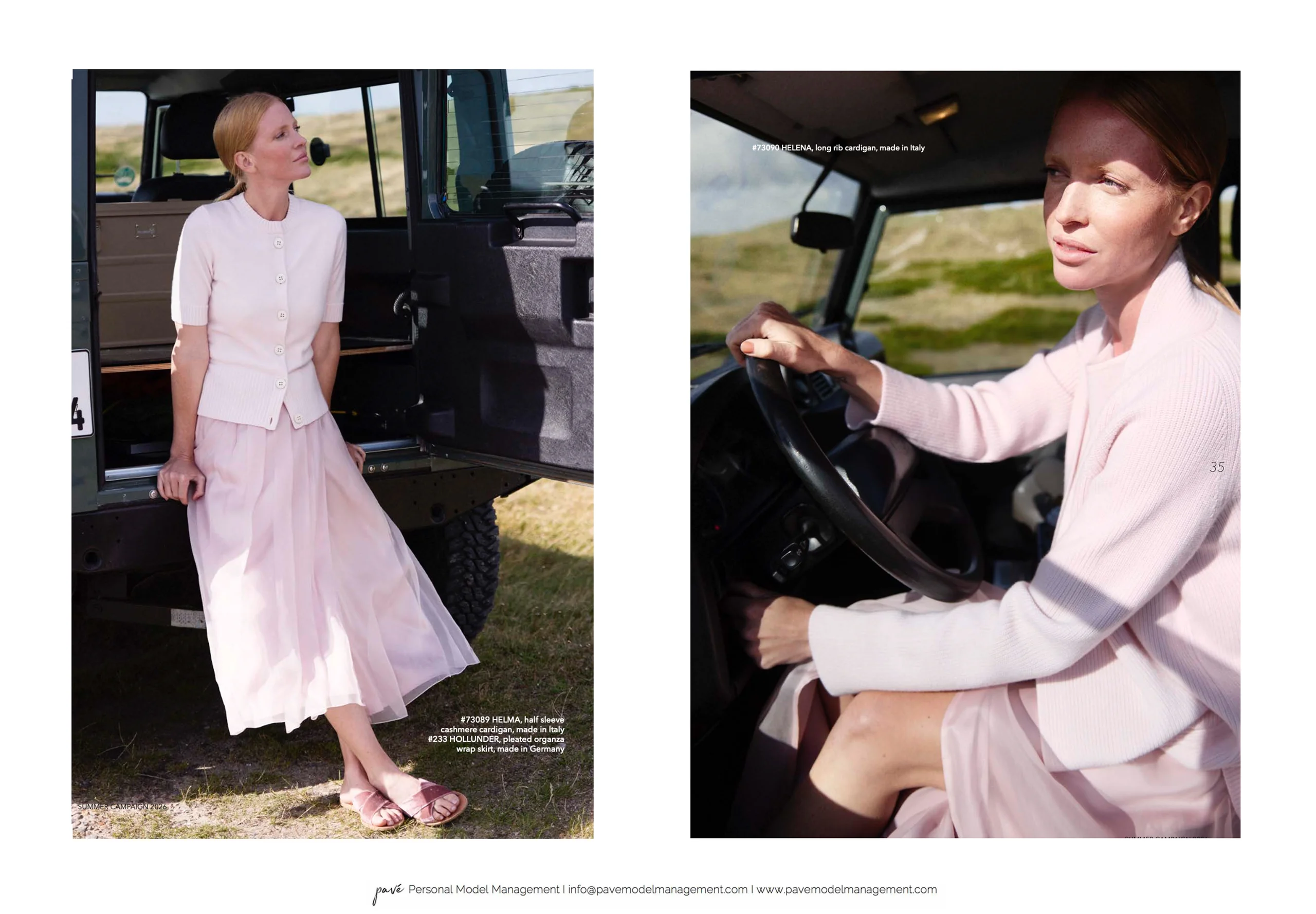 A woman models two different light pink cardigans and a pleated organdi skirt while near and inside a car.