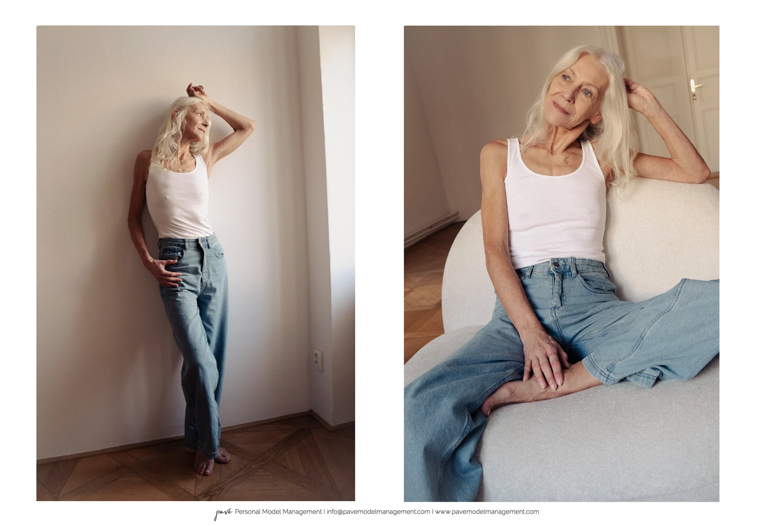 A split image features an older woman with white hair in a white tank top and light blue jeans, first standing barefoot against a white wall and then sitting on a white chair.