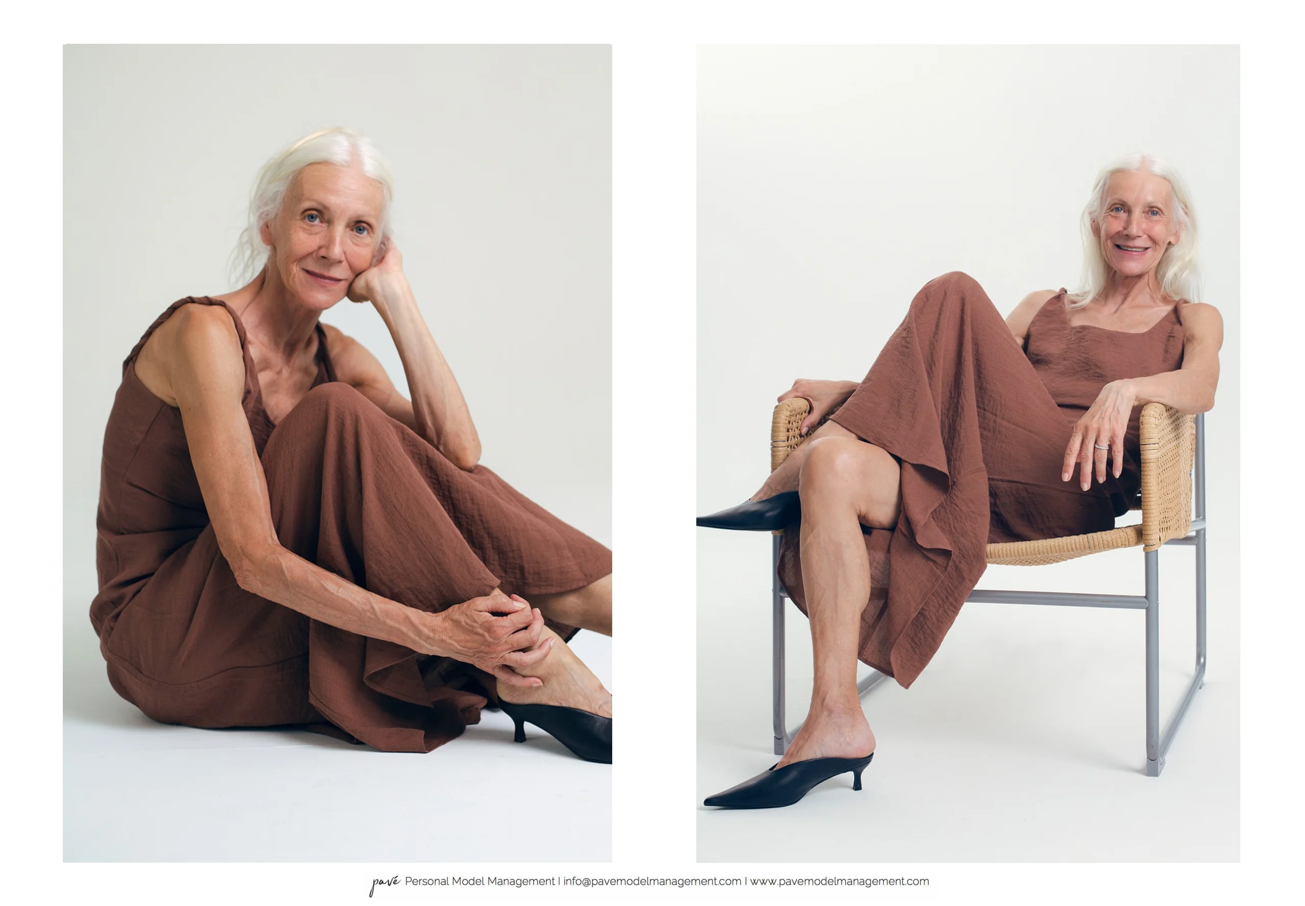 A senior woman modeling a brown midi dress and kitten heels, sitting on the floor and in a chair.