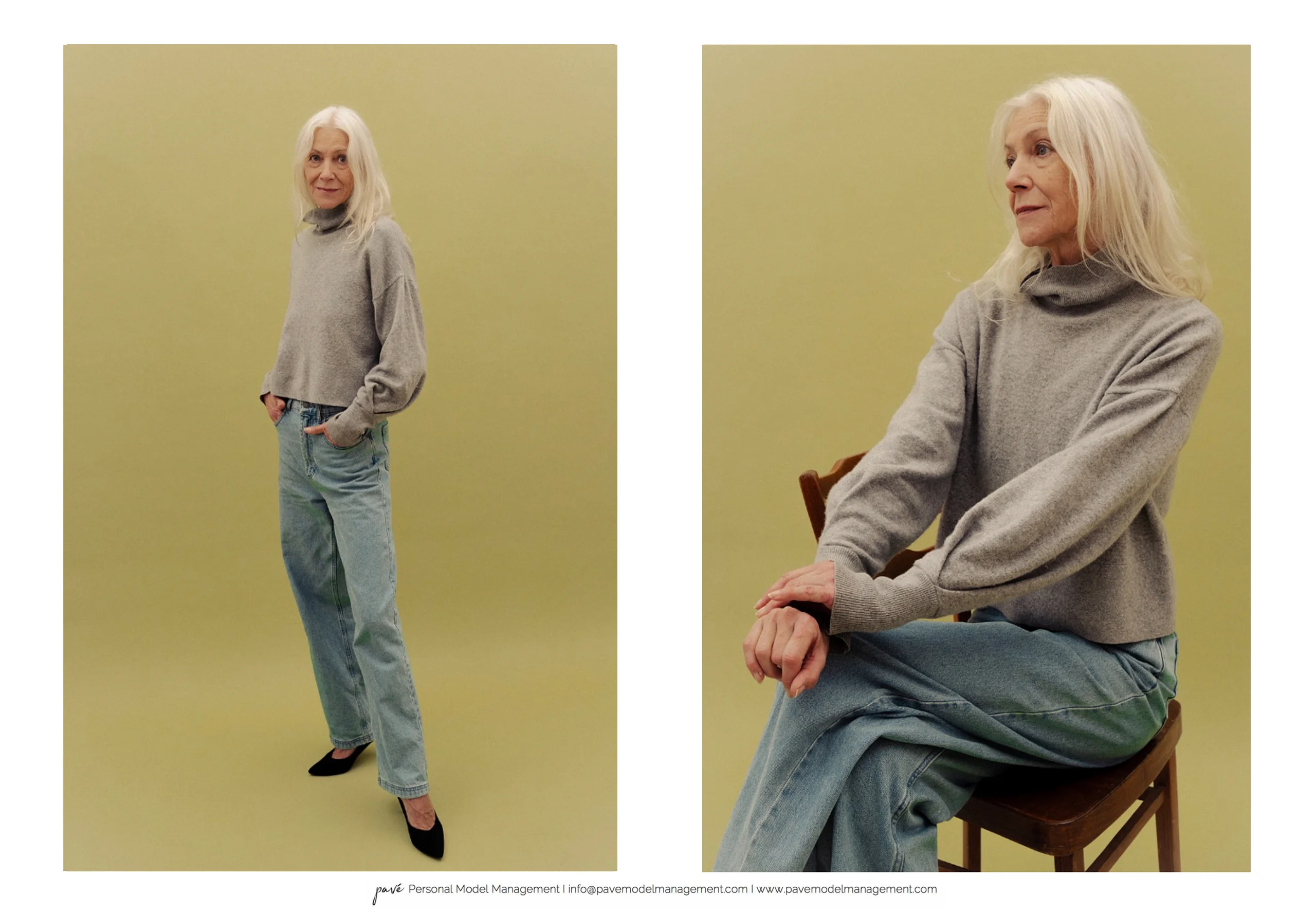 Two split images of an older woman with long white hair posing in a gray turtleneck and light blue jeans against a light green background.