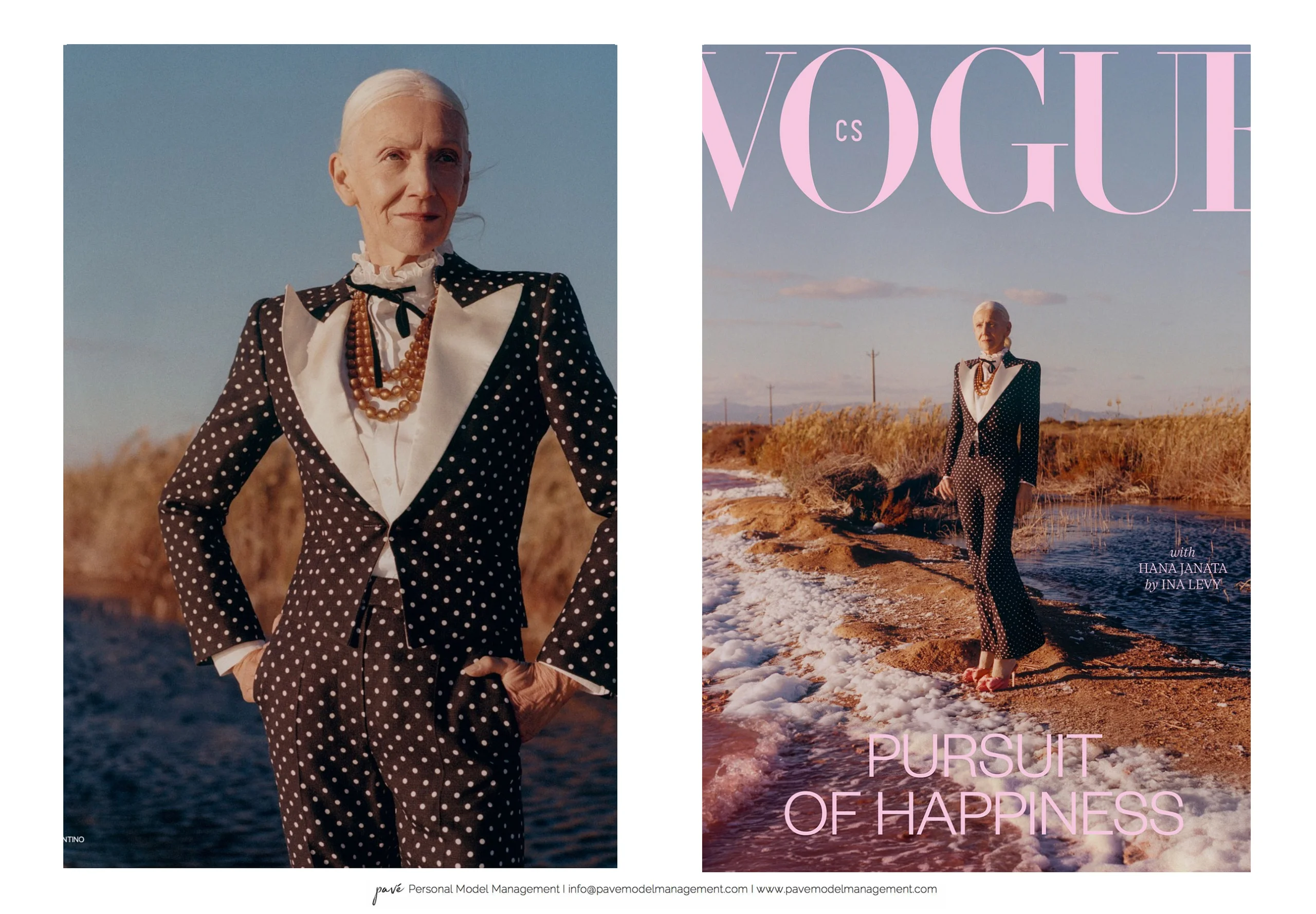 A woman in a black and white polka-dotted pantsuit on the cover of Vogue CS.
