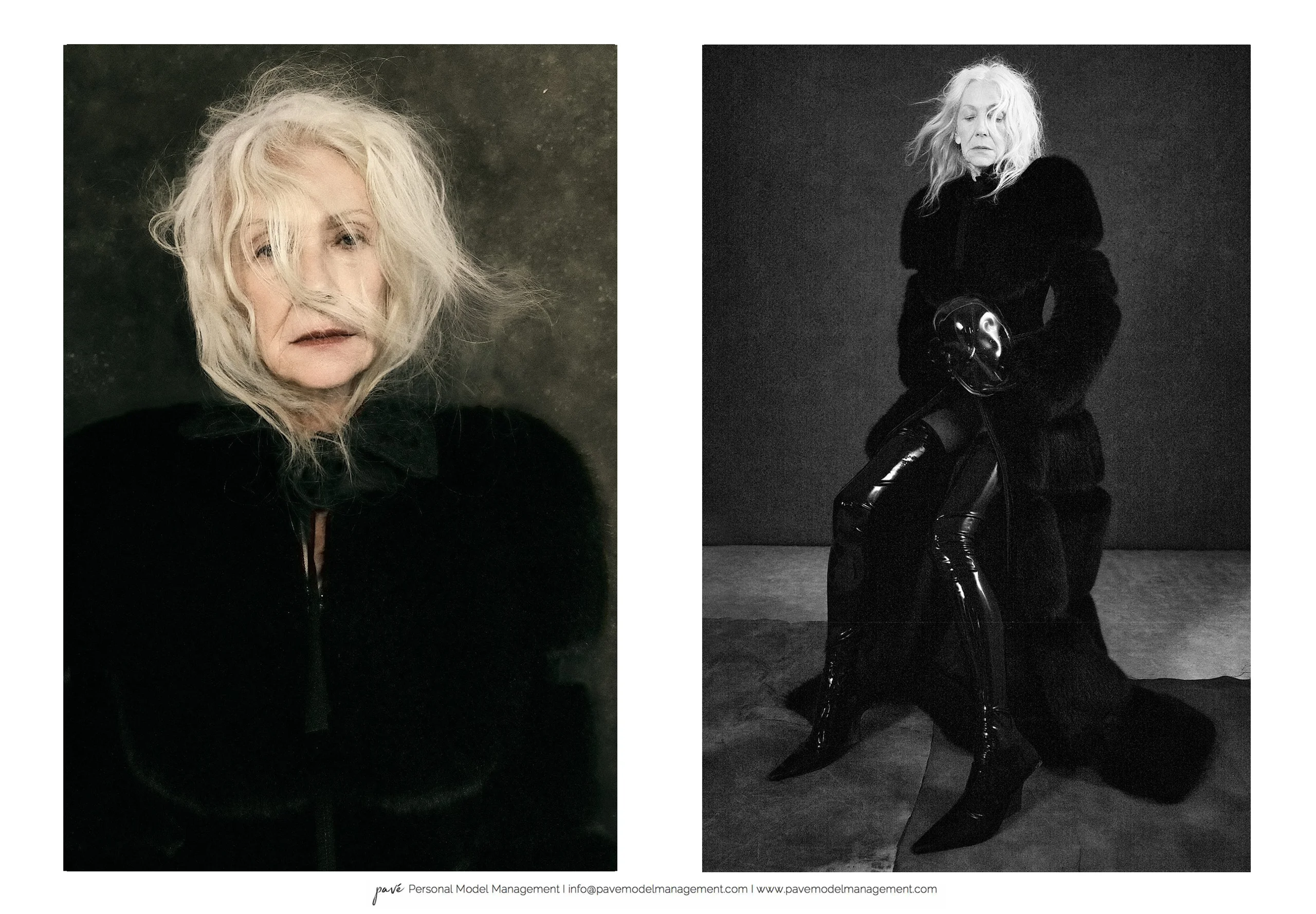 Black and white double image of an older woman with windswept white hair wearing a fur coat and thigh-high shiny boots.