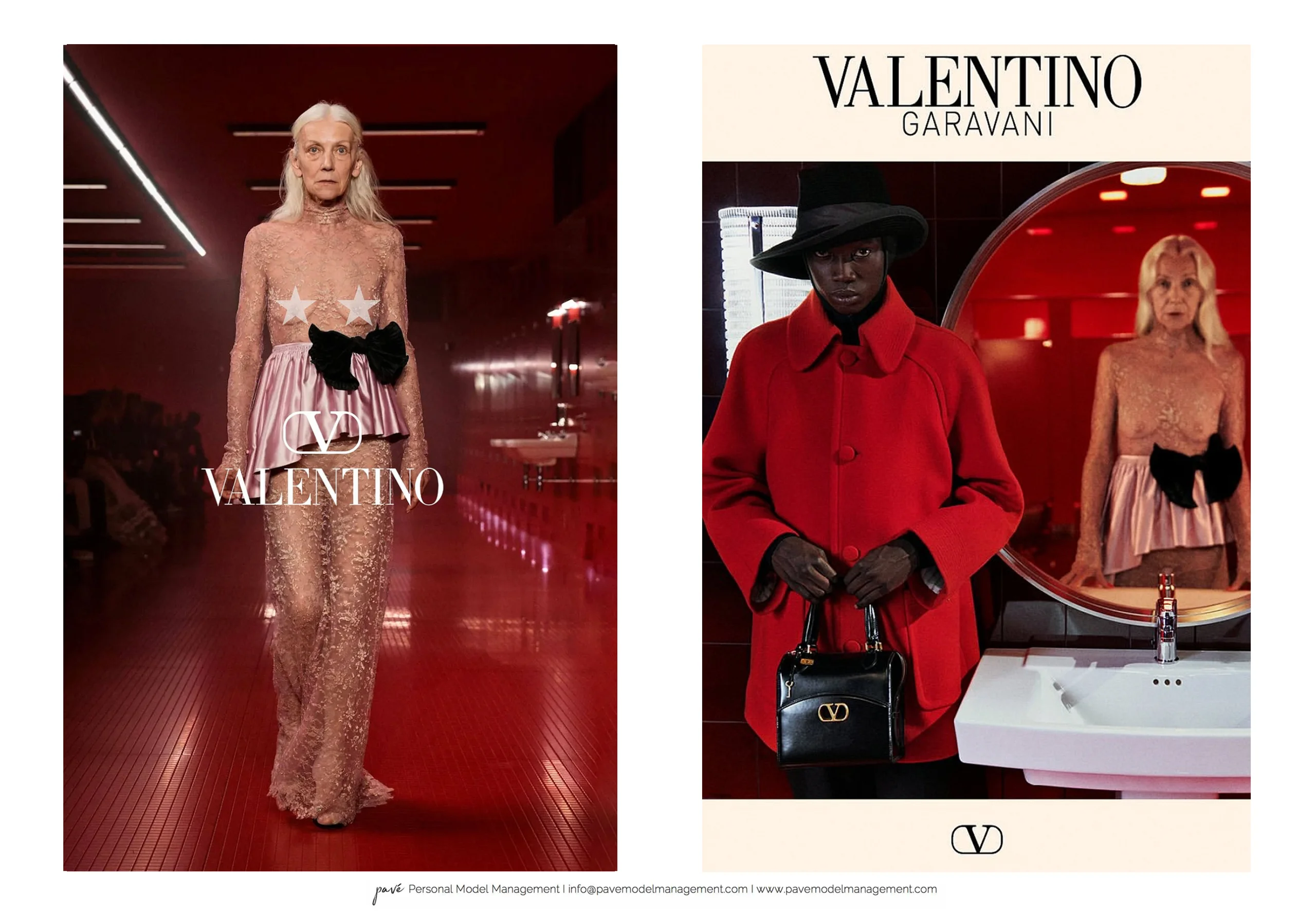 Two Valentino ads in a red room, one with a model in a sheer lace dress with a bow, and another with a model in a red coat holding a purse, reflected in a mirror.