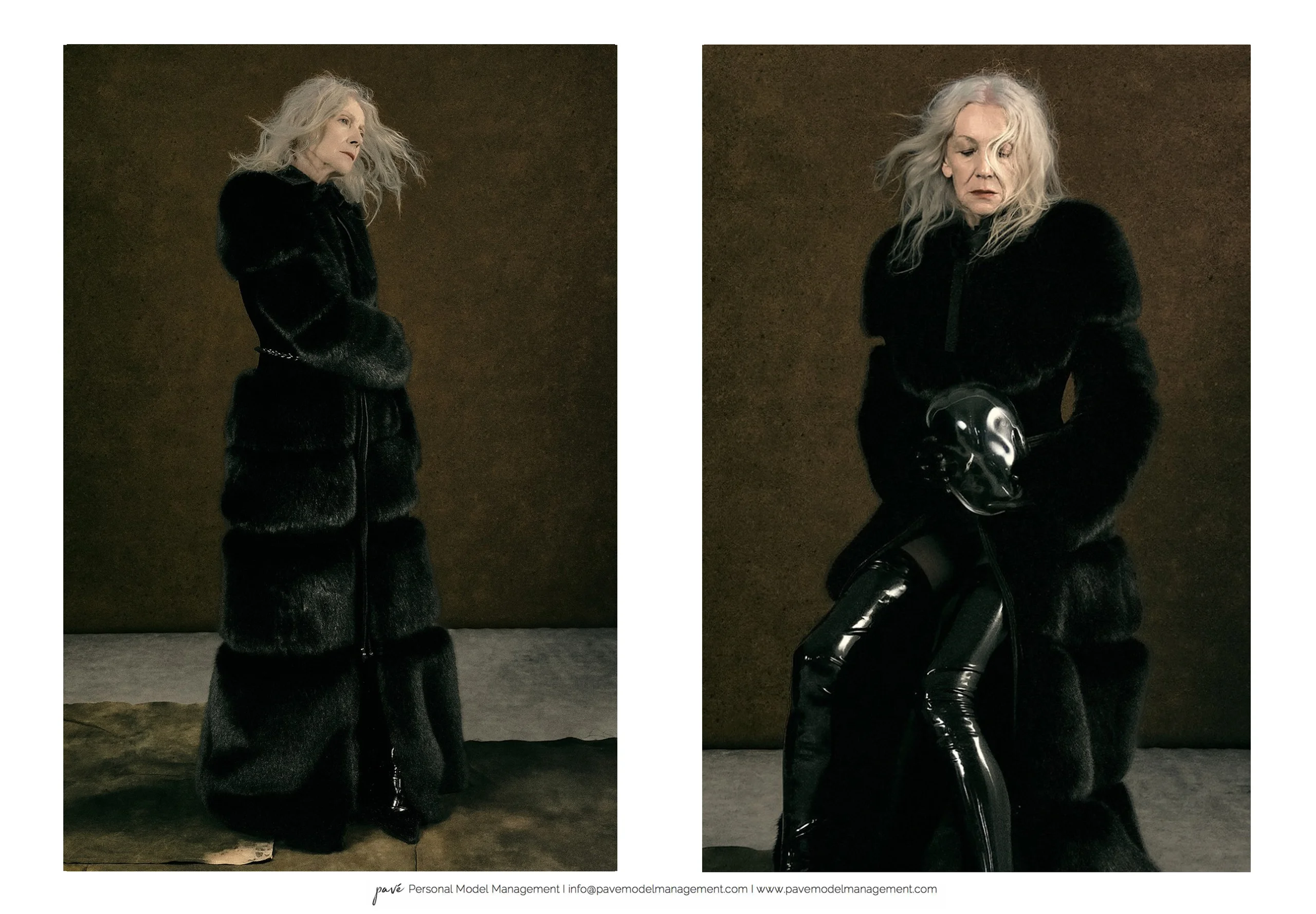 Two photographs show an older woman with windswept gray hair, first standing in a floor-length black fur coat, then sitting and holding a translucent mask while wearing thigh-high glossy black boots.