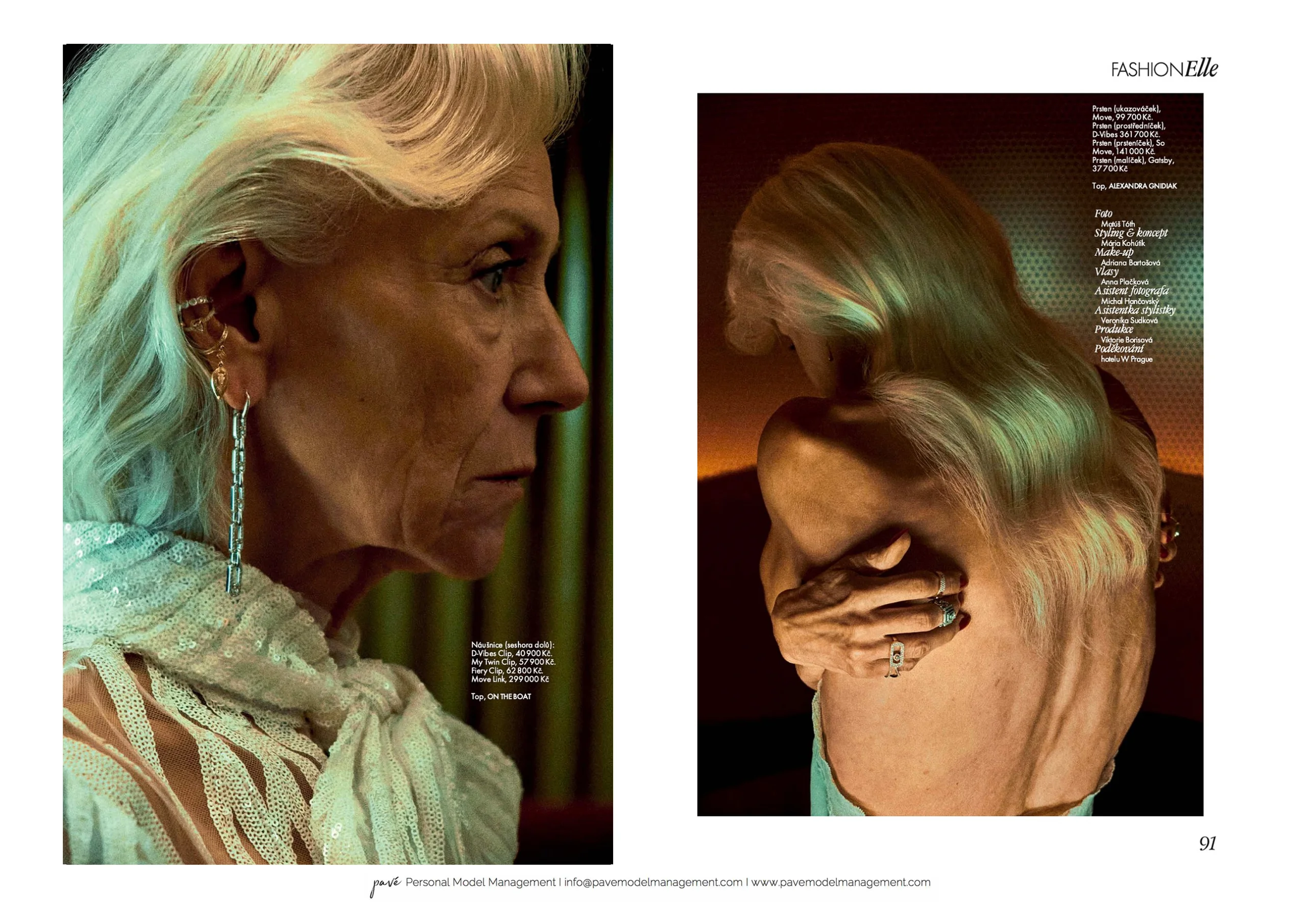 A fashion spread featuring an older woman with blonde hair, close-ups of her profile and bare back.