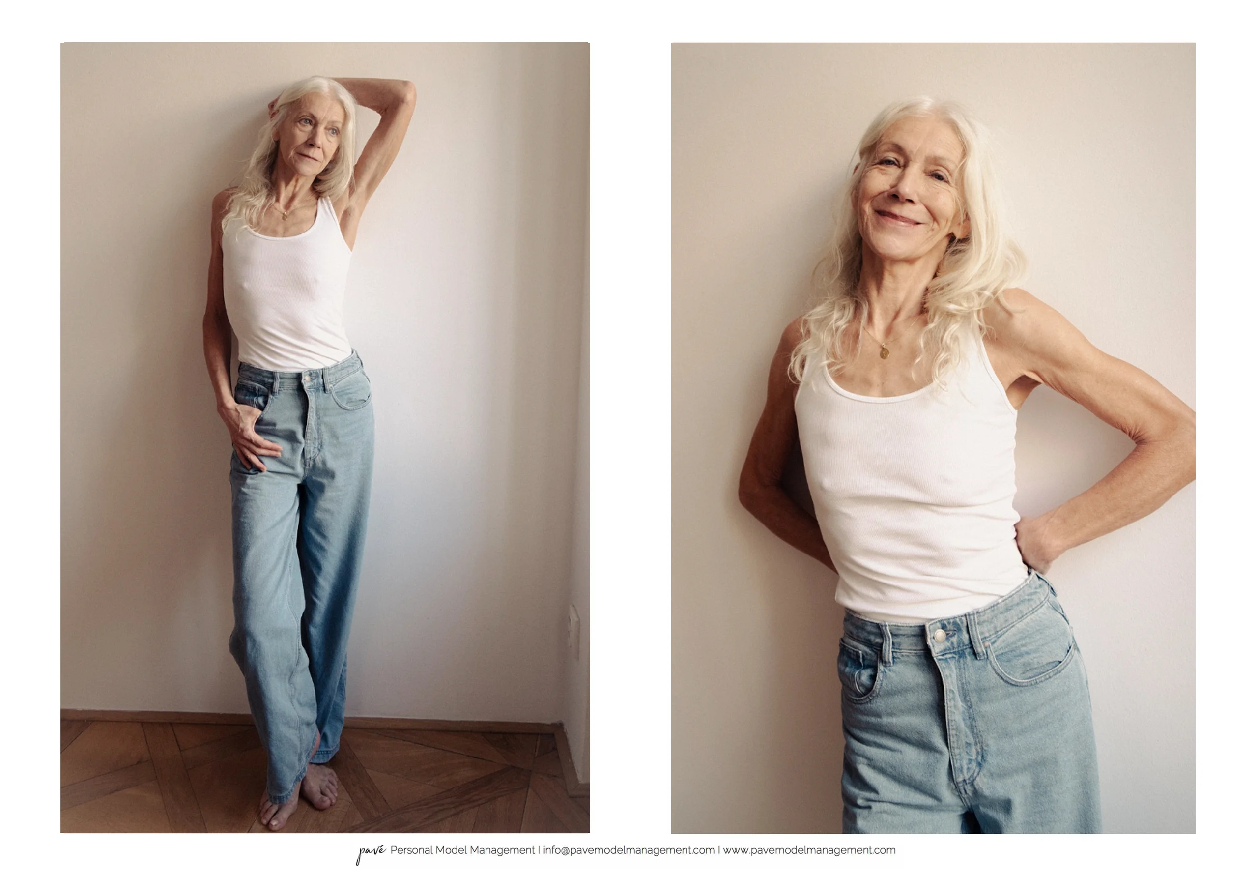 A two-panel image showing an older woman with long white hair posing in a white tank top and light blue jeans.