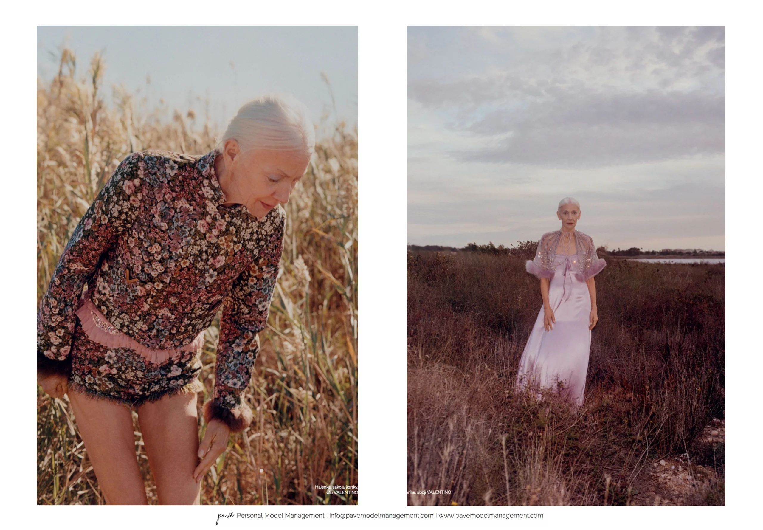 A split image shows a model with white hair in two different outfits surrounded by tall grass.