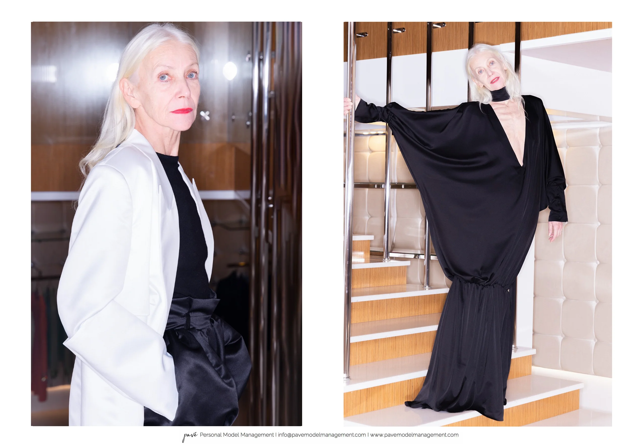 A pale, older woman with white hair models a white blazer over a black top and black pants, and a long, flowing black dress with a deep V-neck.