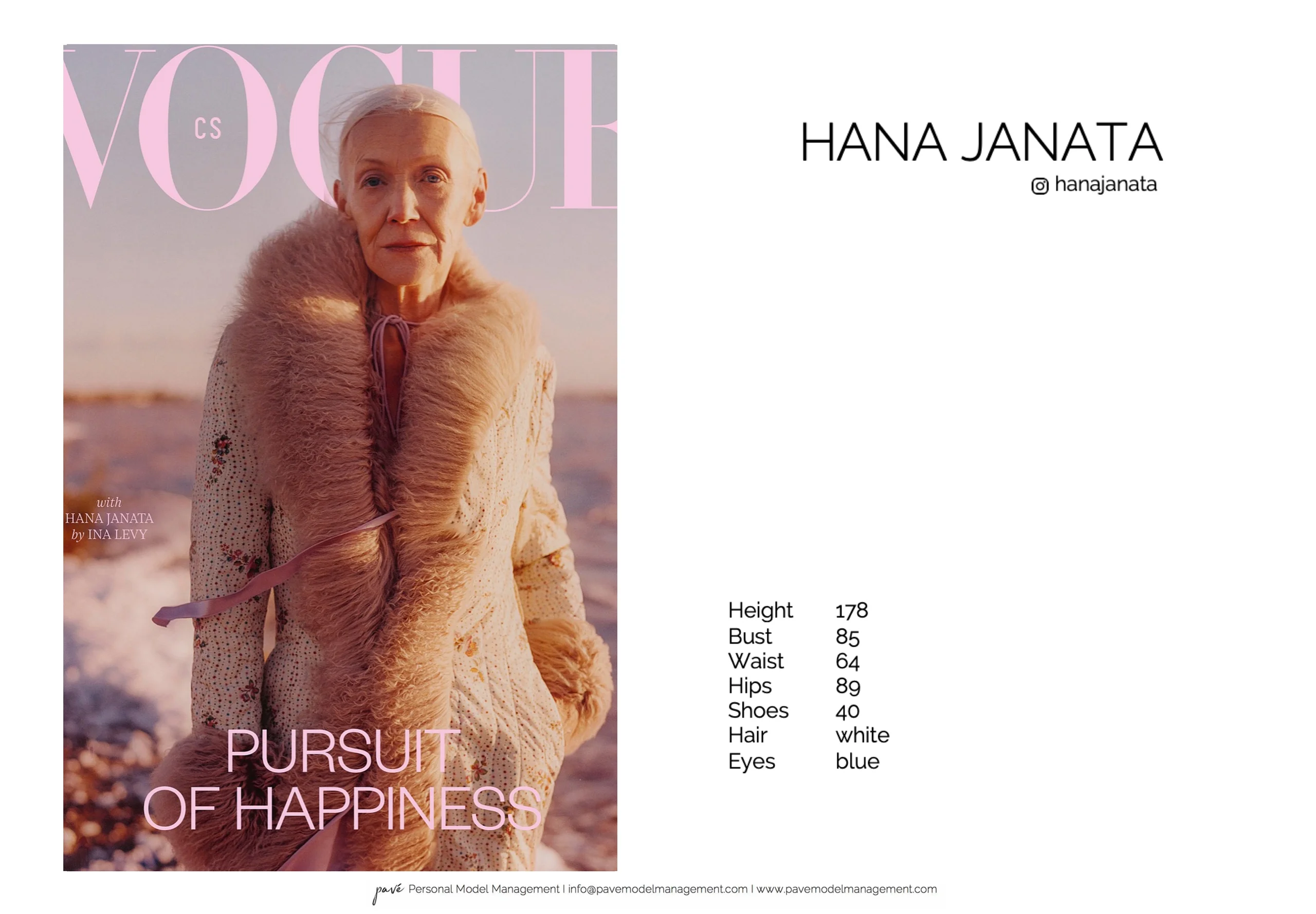 A model card featuring a woman with white hair wearing a fur-collared coat on a magazine cover with her measurements listed.