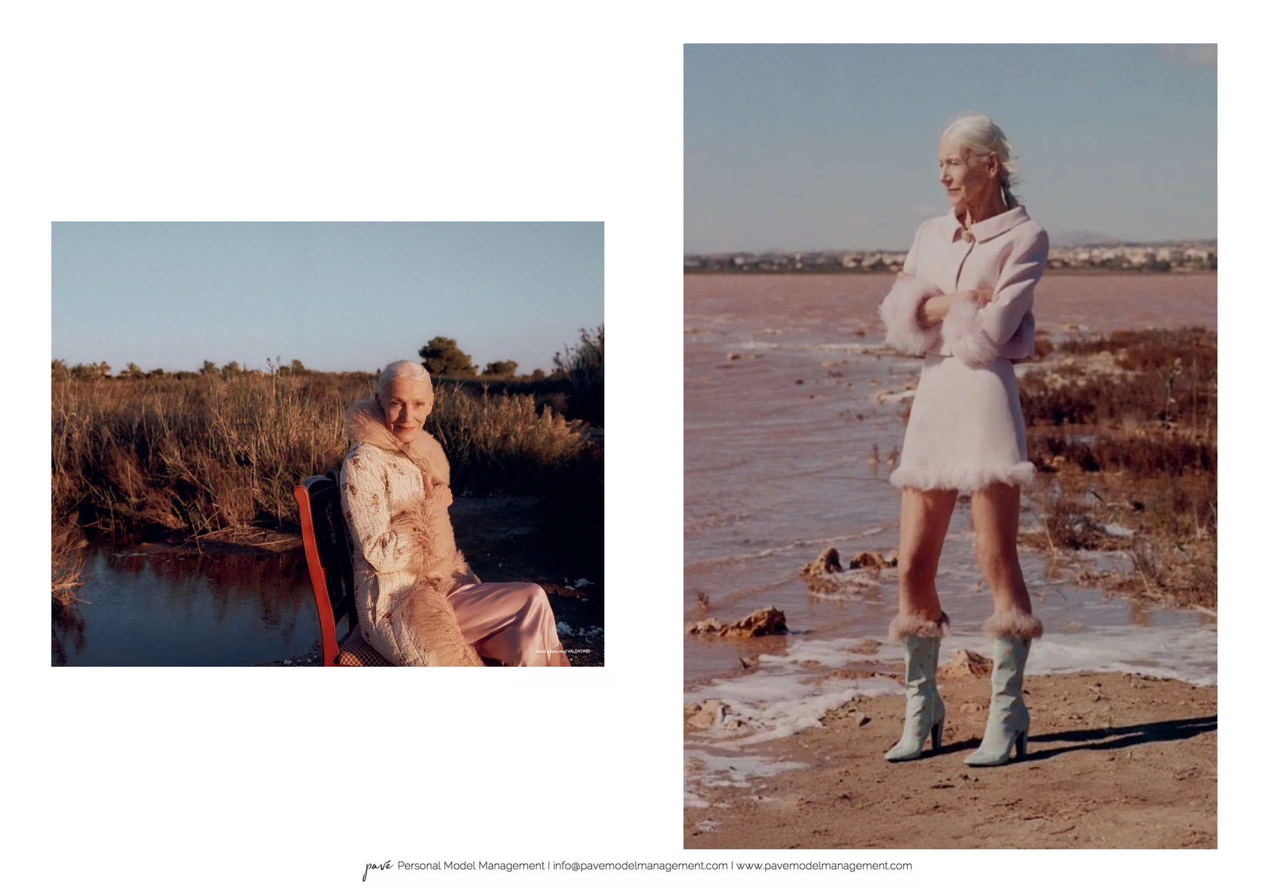 A split image shows an older woman in an elegant fuzzy outfit sitting by a lake, and in a pink outfit with fuzzy boots by a pink body of water.