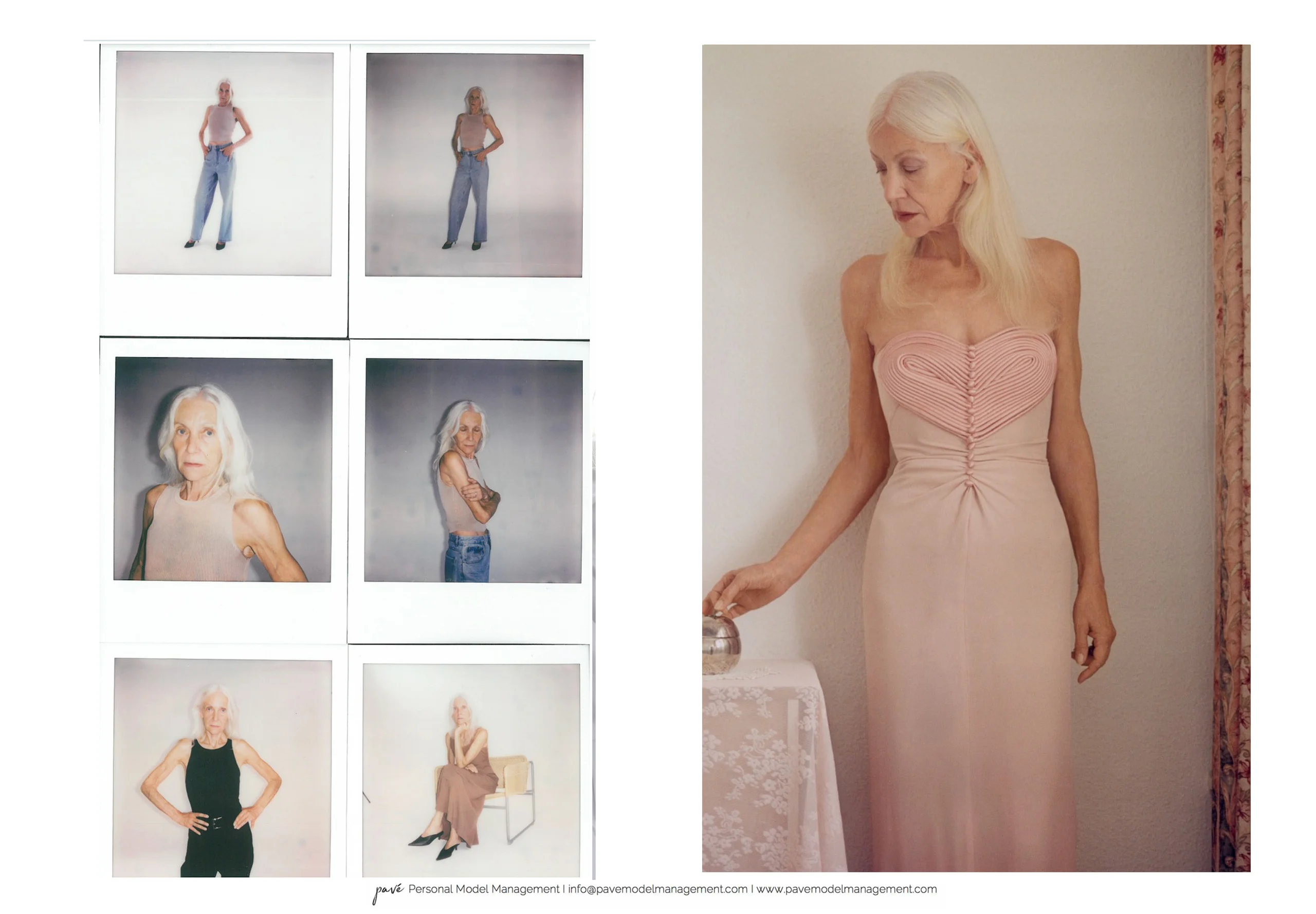 A collage showing an older white woman with long blonde hair in various fashion outfits.