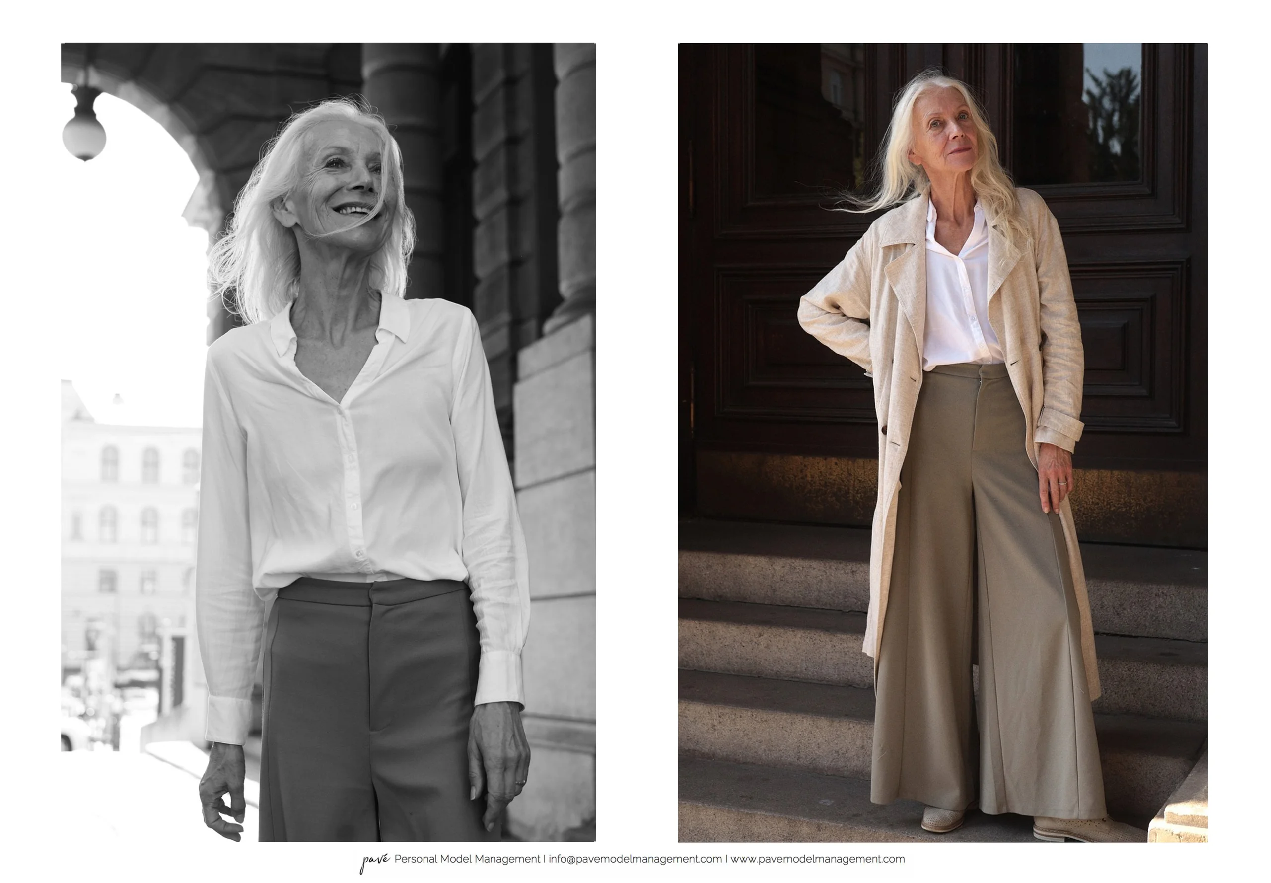 A two-panel image shows a woman with long white hair in two different poses and outfits: a black and white image of her smiling and an outdoor full-color image of her in a trench coat.