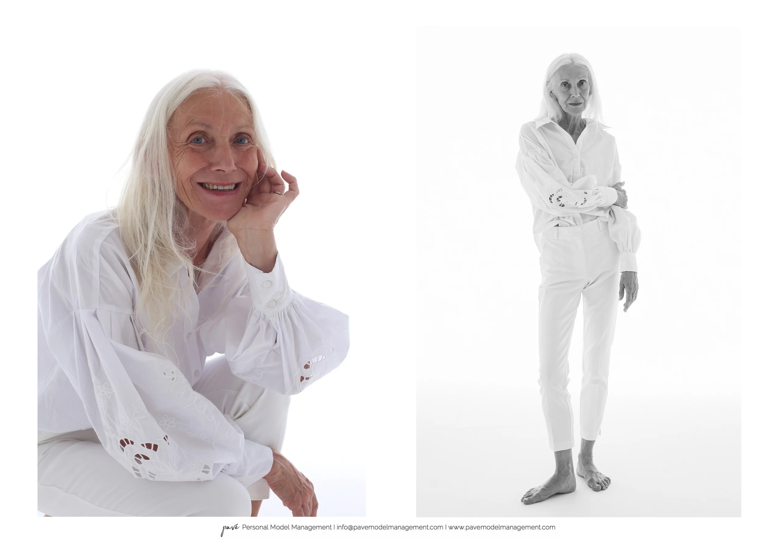 A two-panel image of a smiling elderly woman with long white hair in a white shirt and pants, the left panel showing her crouched with a hand to her chin, and the right panel showing her full-body standing.