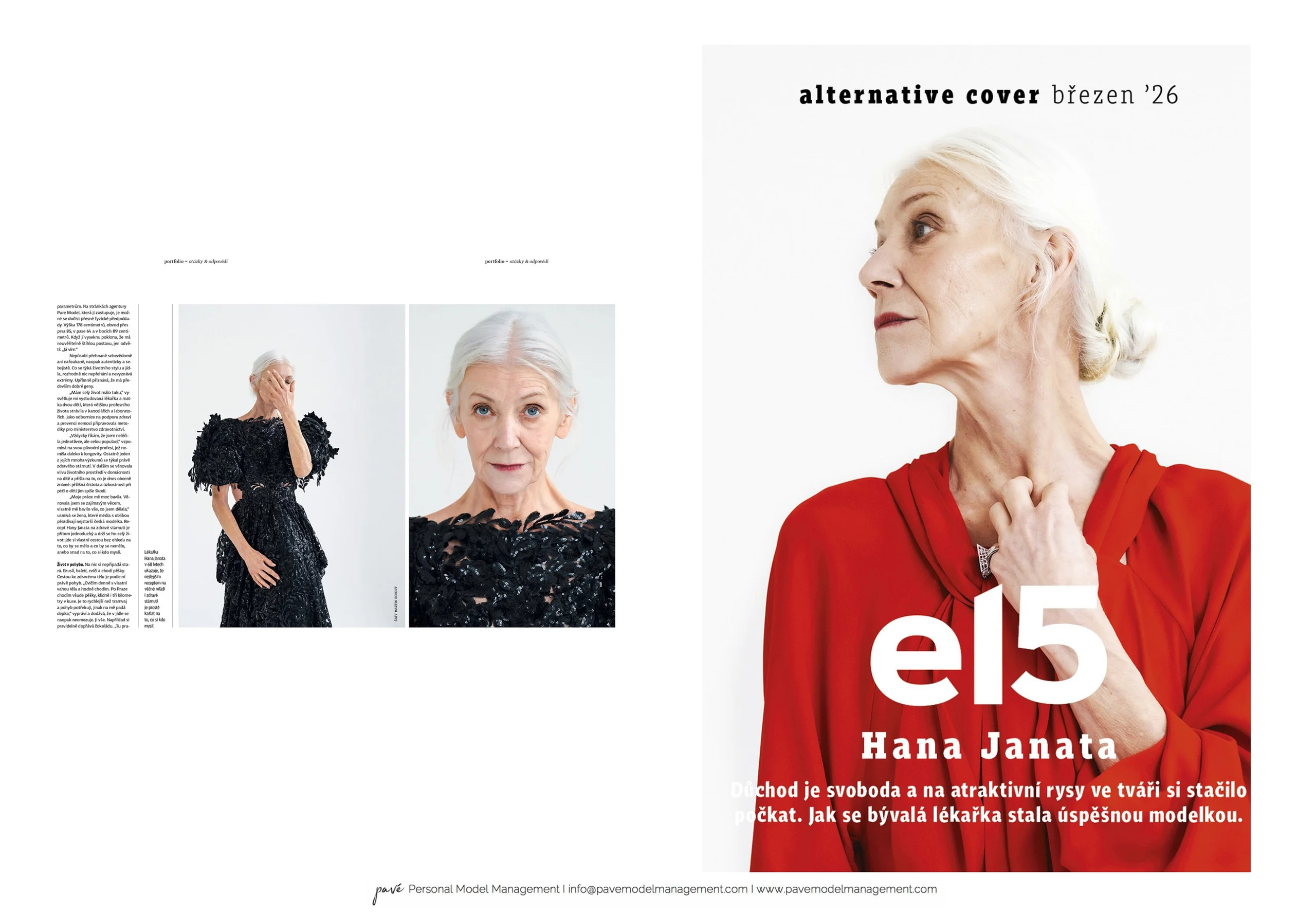 An older woman with white hair models in three different poses: in a black dress with her hand over her face, in a black top looking directly at the camera, and in a red top facing right.
