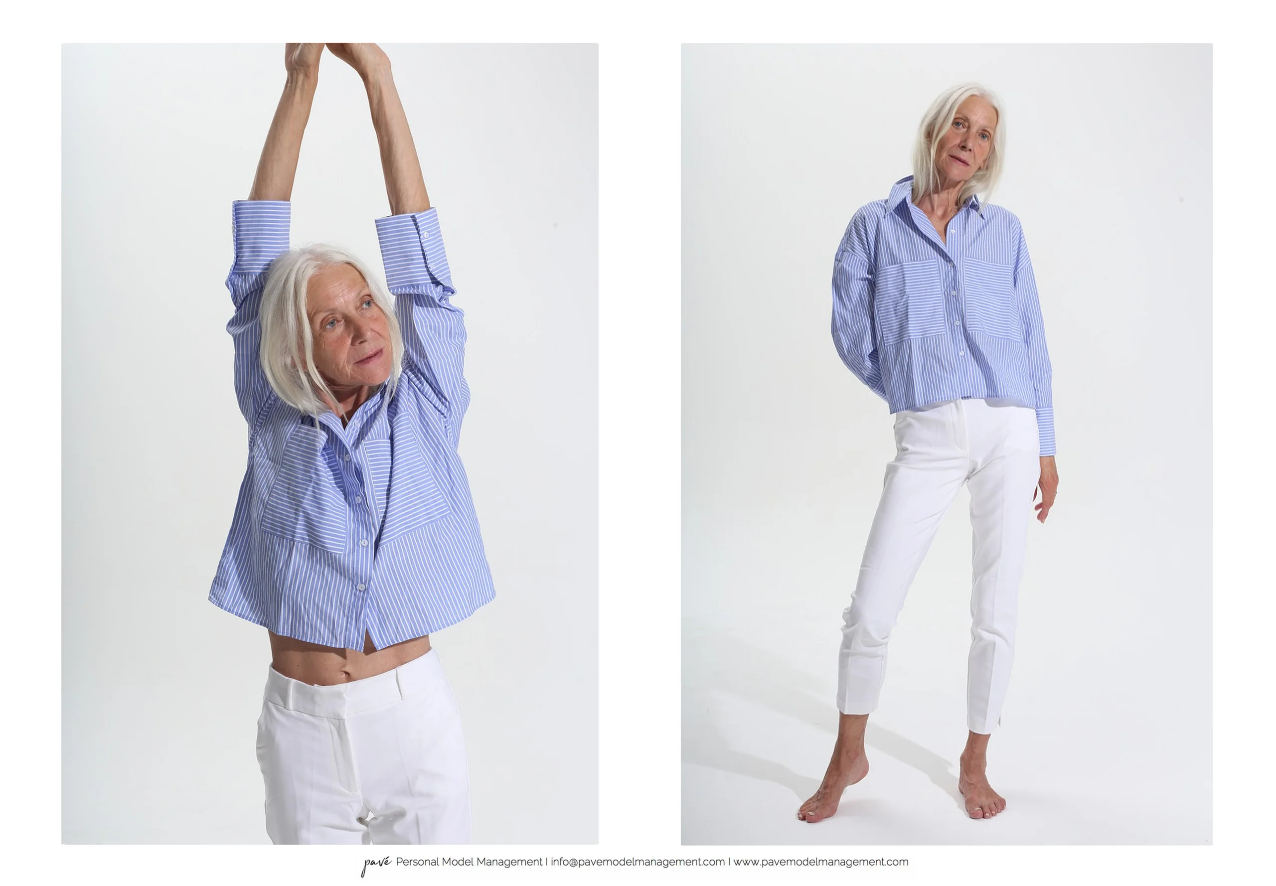 A senior woman in a striped blue shirt and white pants poses with her arms raised and then with her hands behind her back.