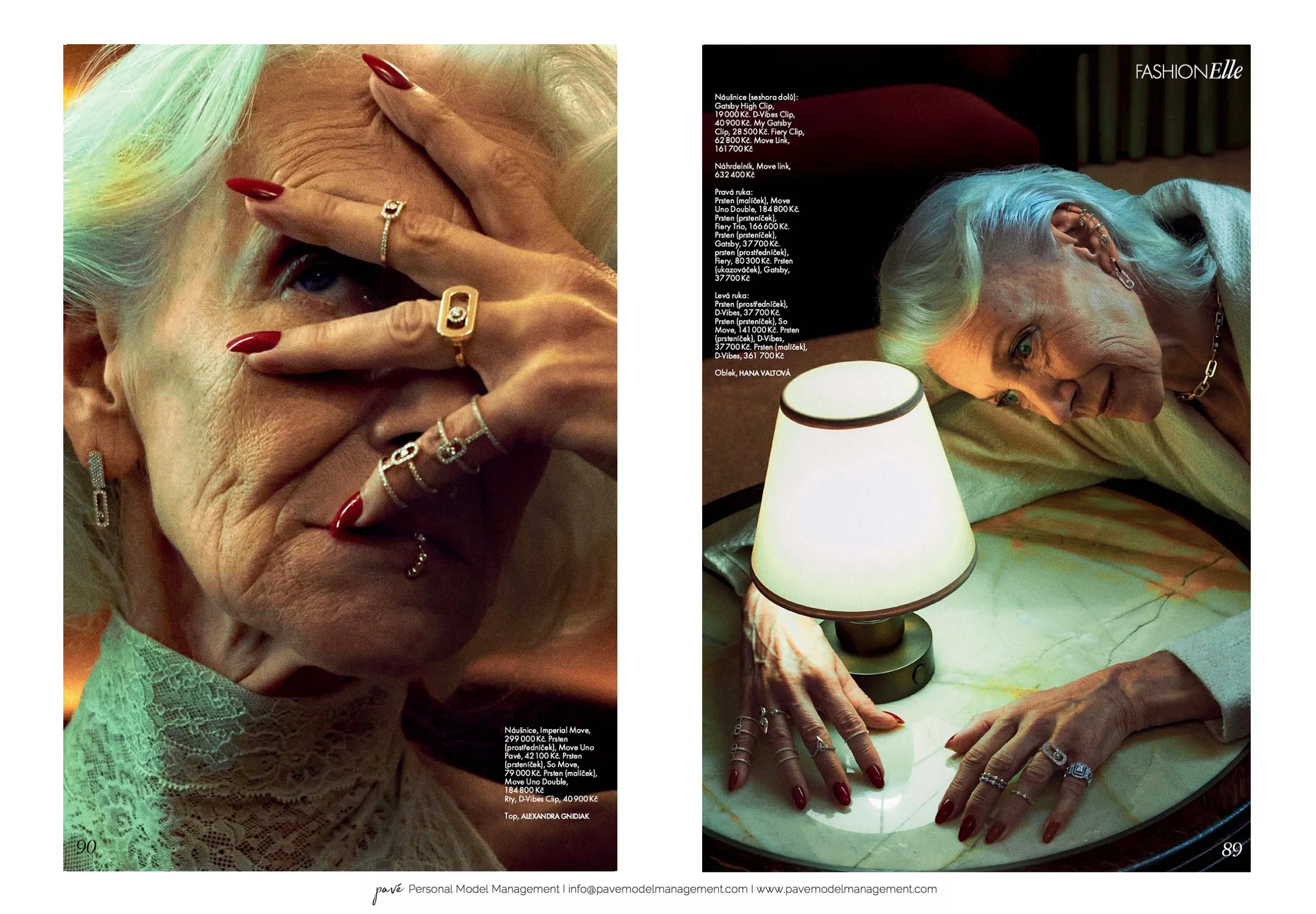 A two-panel image shows an older woman with white hair wearing rings and red nail polish.