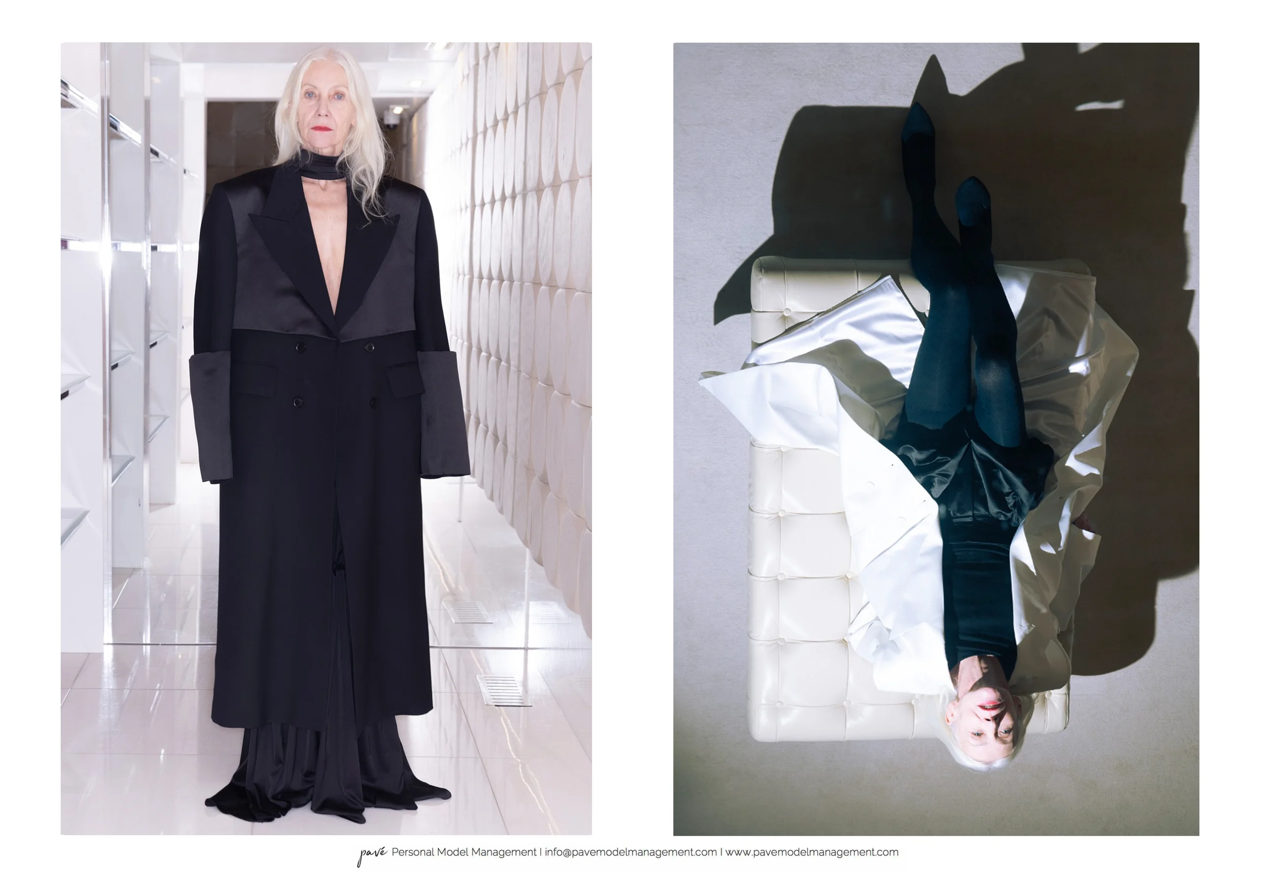 A fashion editorial shows an older woman in a black coat with satin lapels, standing in one image and lying on a white tufted bench in another.