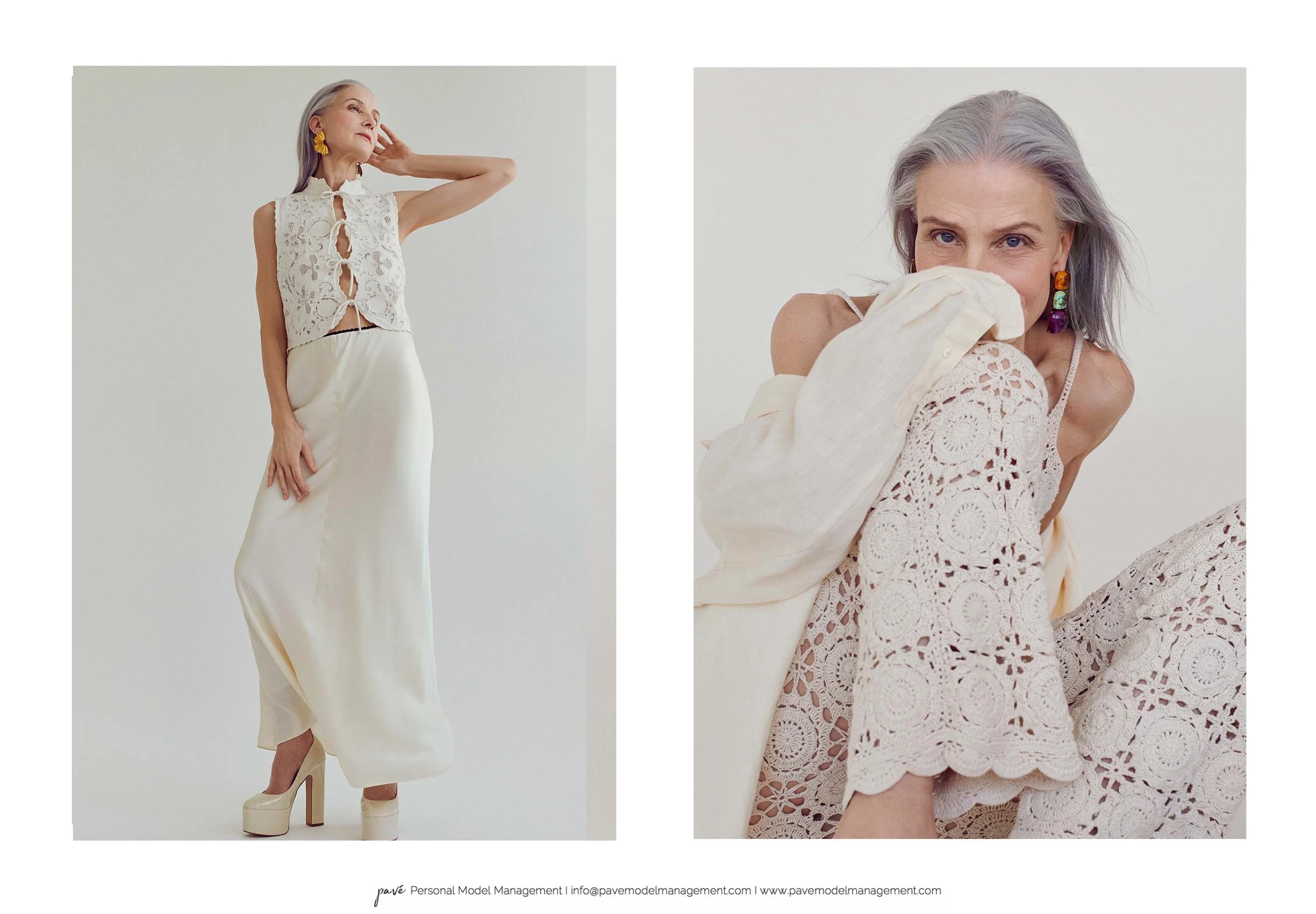 Two full-body photographs show a gray-haired woman modeling light-colored ensembles.