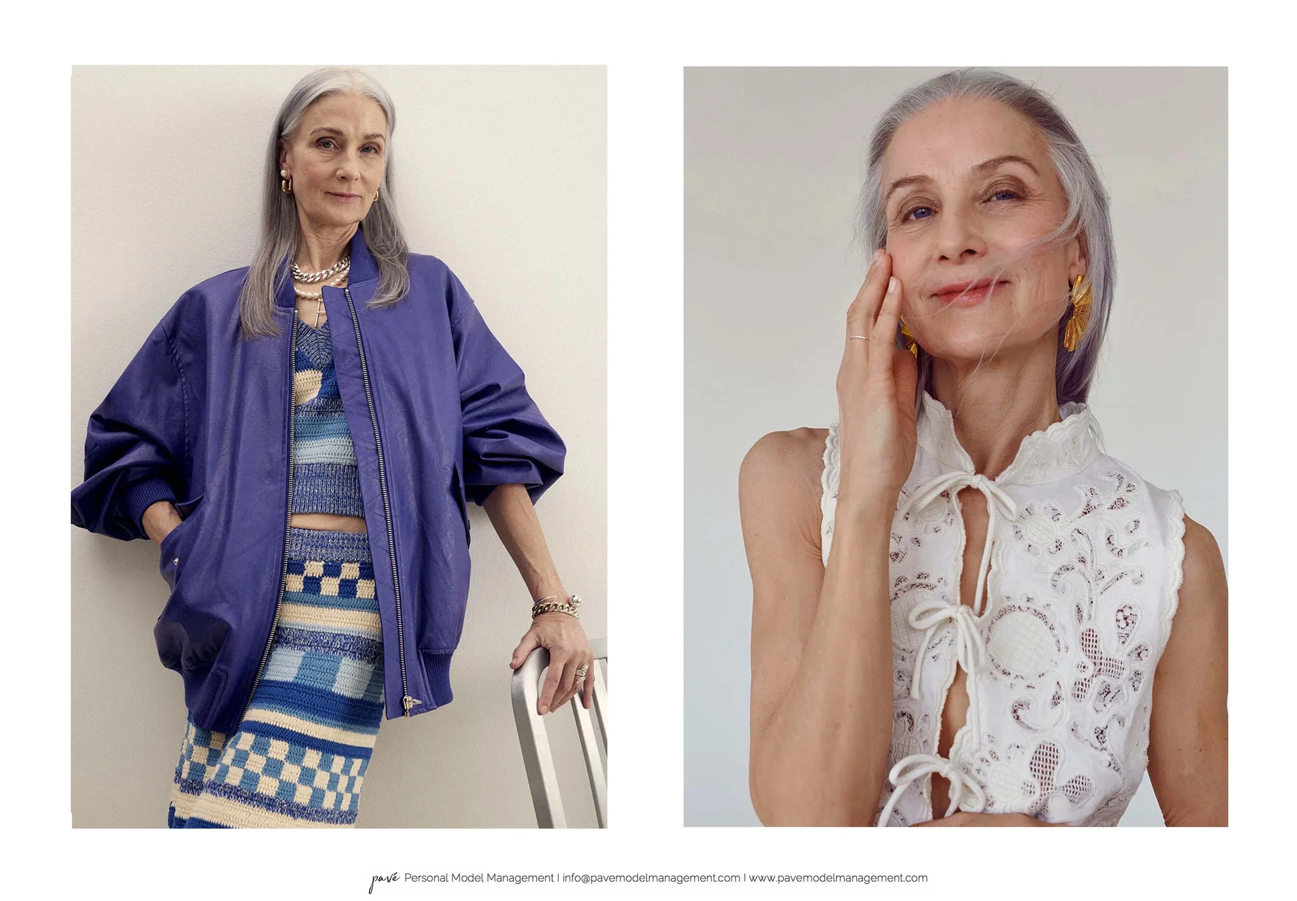 A two-panel image shows a woman with gray hair in a blue outfit and then in a white blouse.