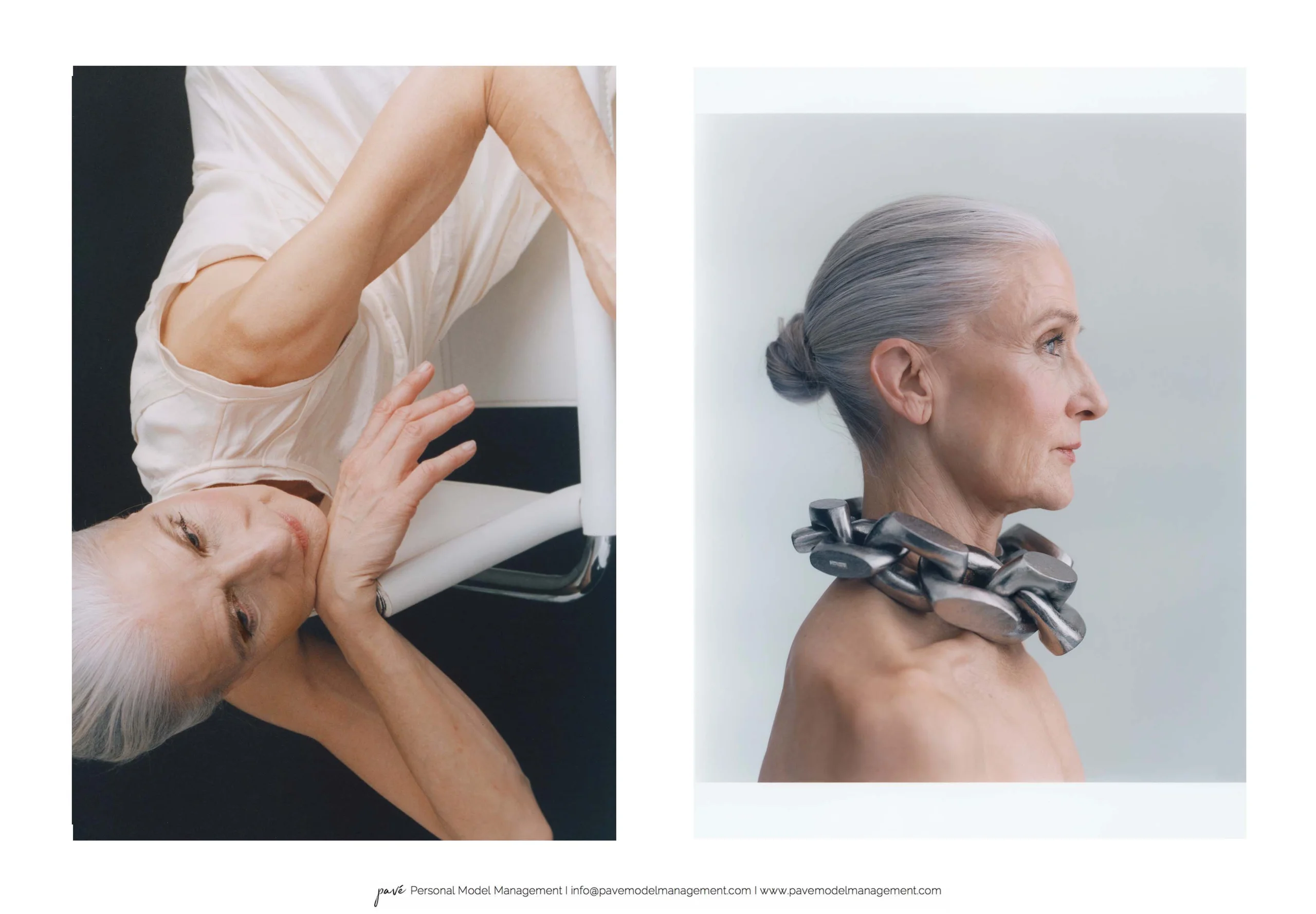 Two vertical images side-by-side show a senior woman in a neutral colored shirt and a senior woman in a chain-link necklace.