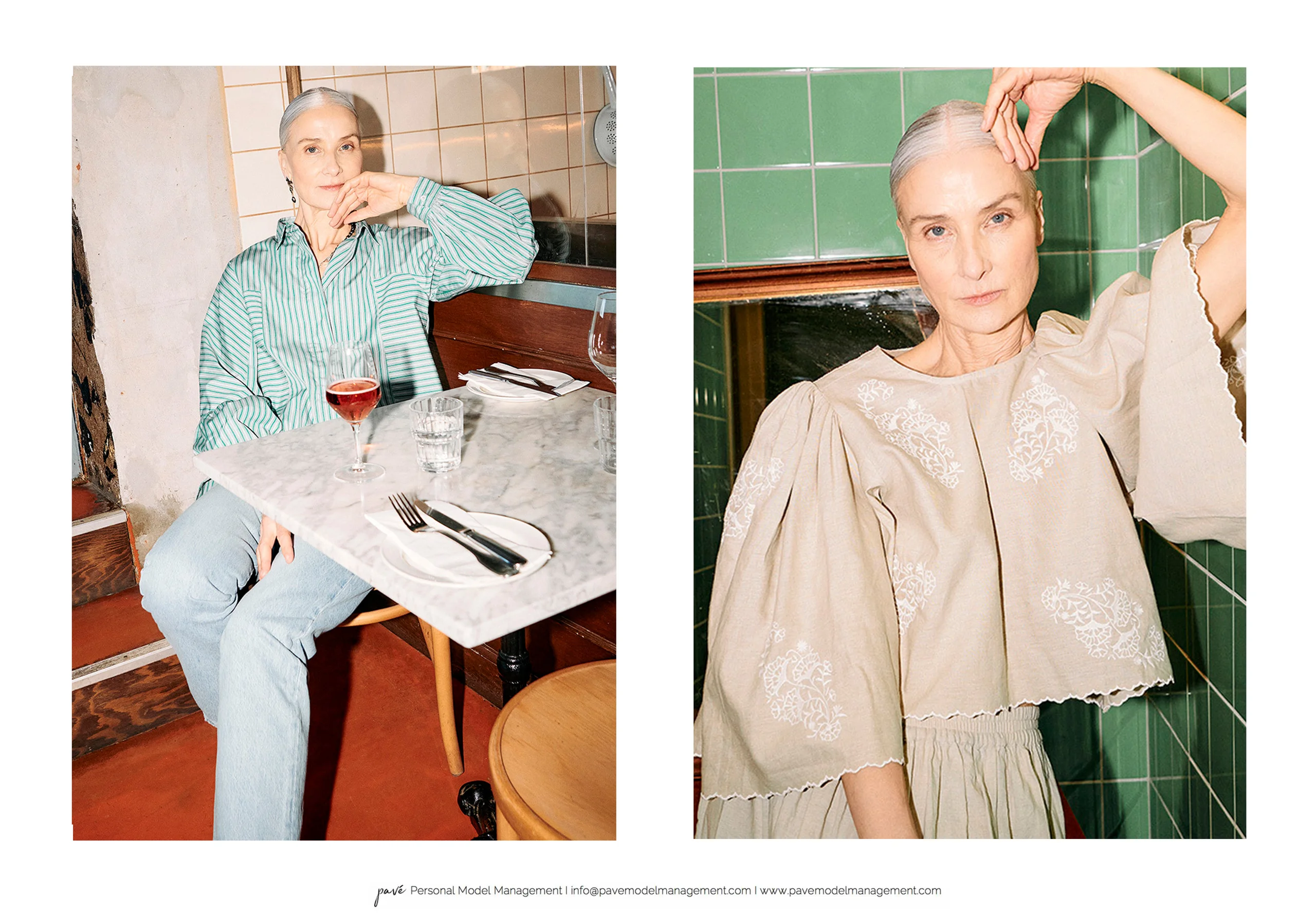 An older woman with silver hair poses in two different outfits, first sitting at a table with a drink, then standing against a green tiled wall.