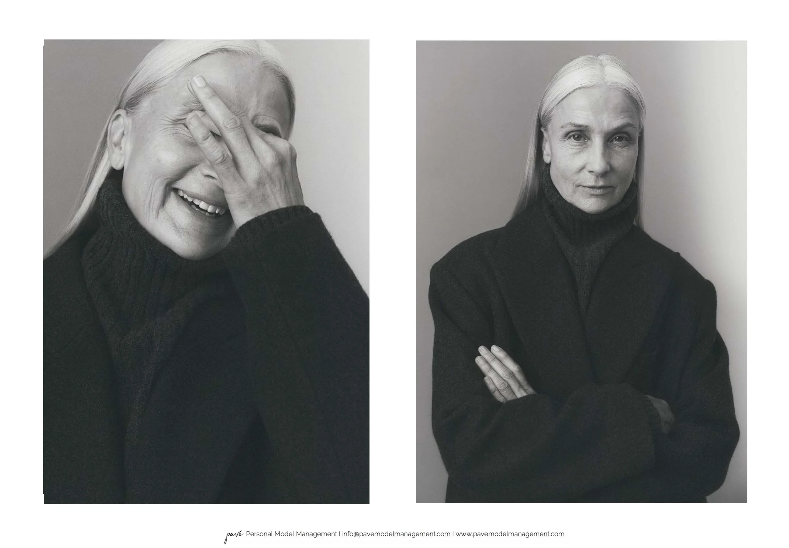 A black and white diptych of an older woman with long white hair, one side laughing with her hand over her face and the other side standing serious with her arms crossed.