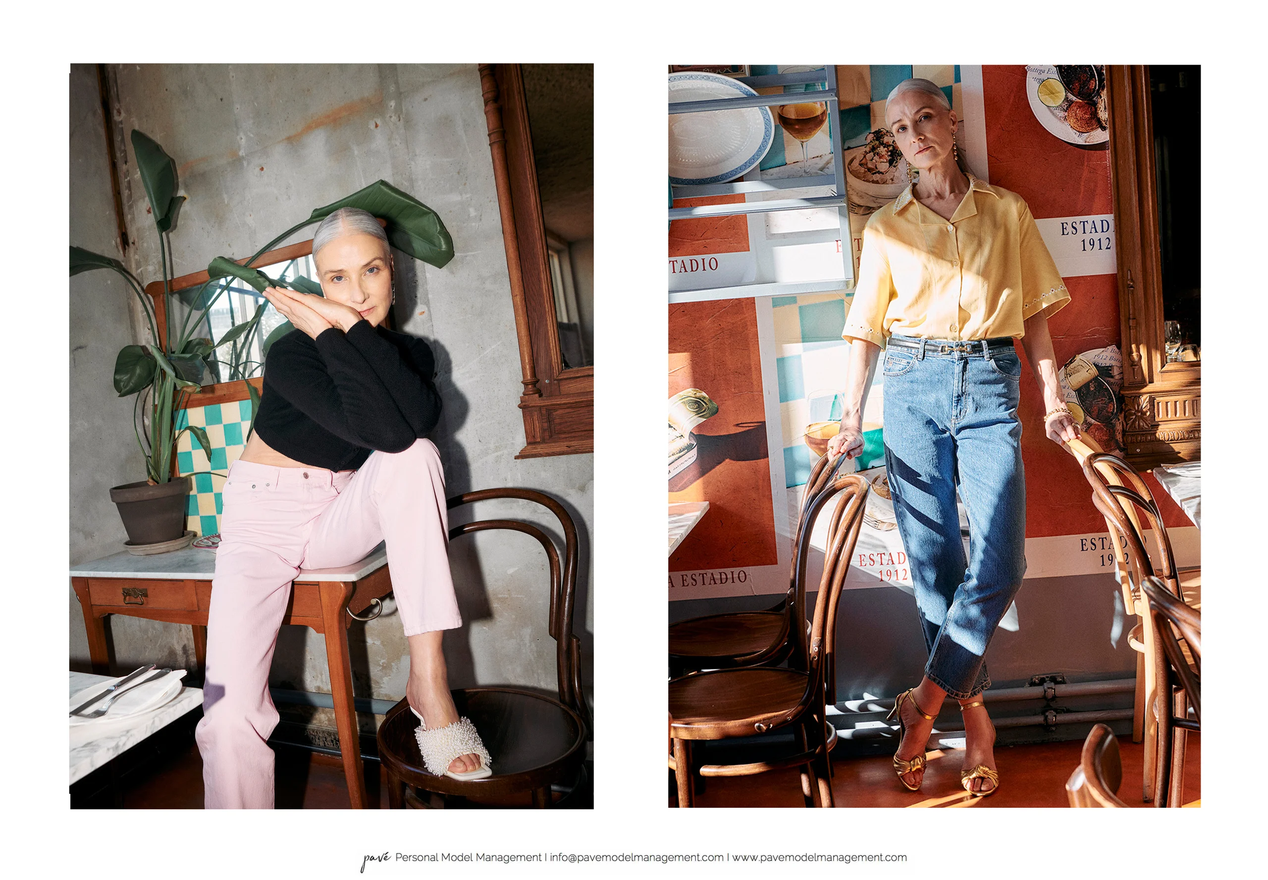 A woman in two stylish outfits poses in an indoor cafe setting with plants, mirrors, and posters.