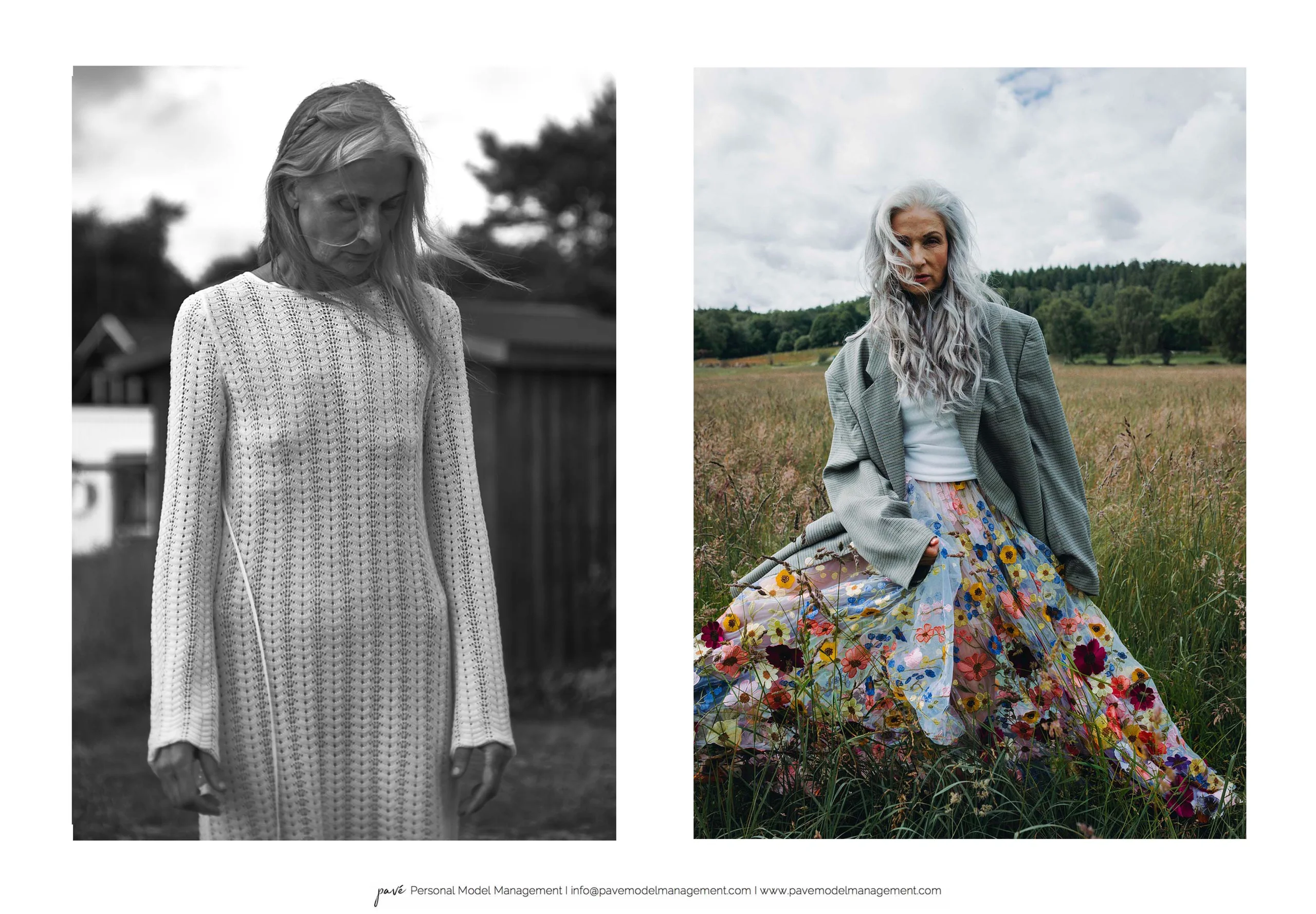 A split image showing a woman in a knit dress in black and white on the left, and a woman in a floral skirt and blazer in a field on the right.