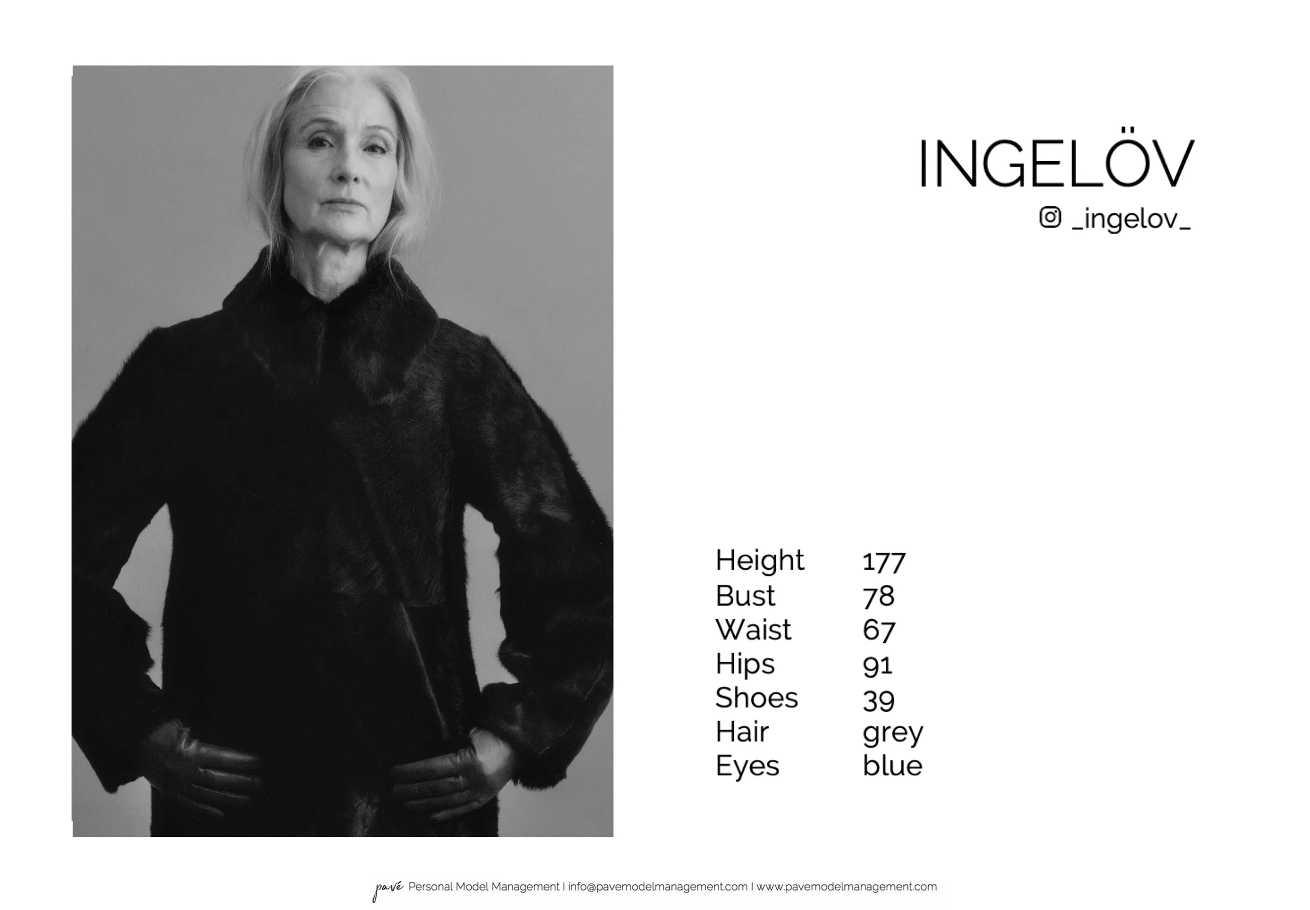 A headshot of a woman in a black fur coat with her hands on her hips, next to text displaying her name and measurements.