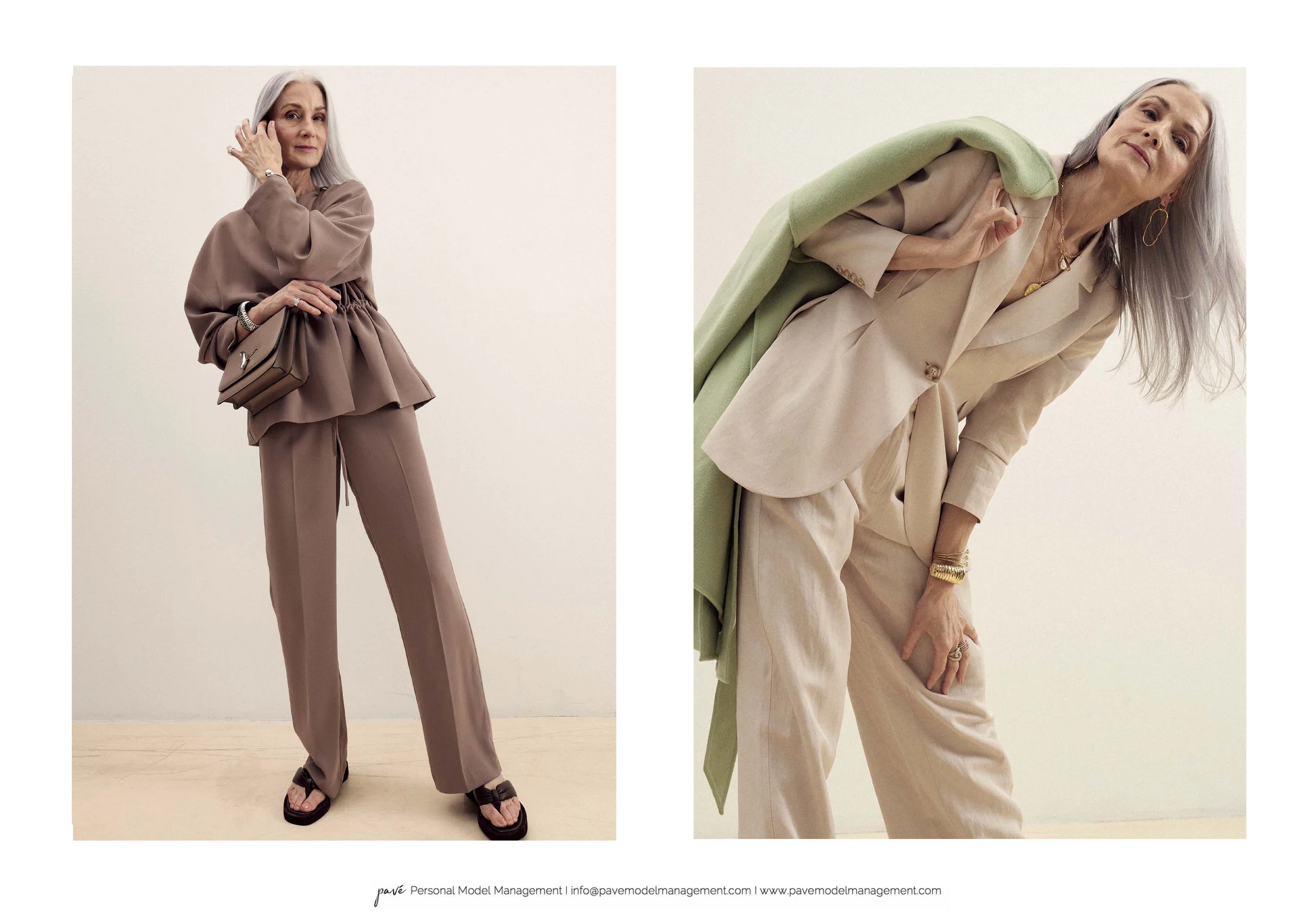 A stylish older woman with long gray hair modeling two different outfits, a brown two-piece set and a beige suit with a green coat.