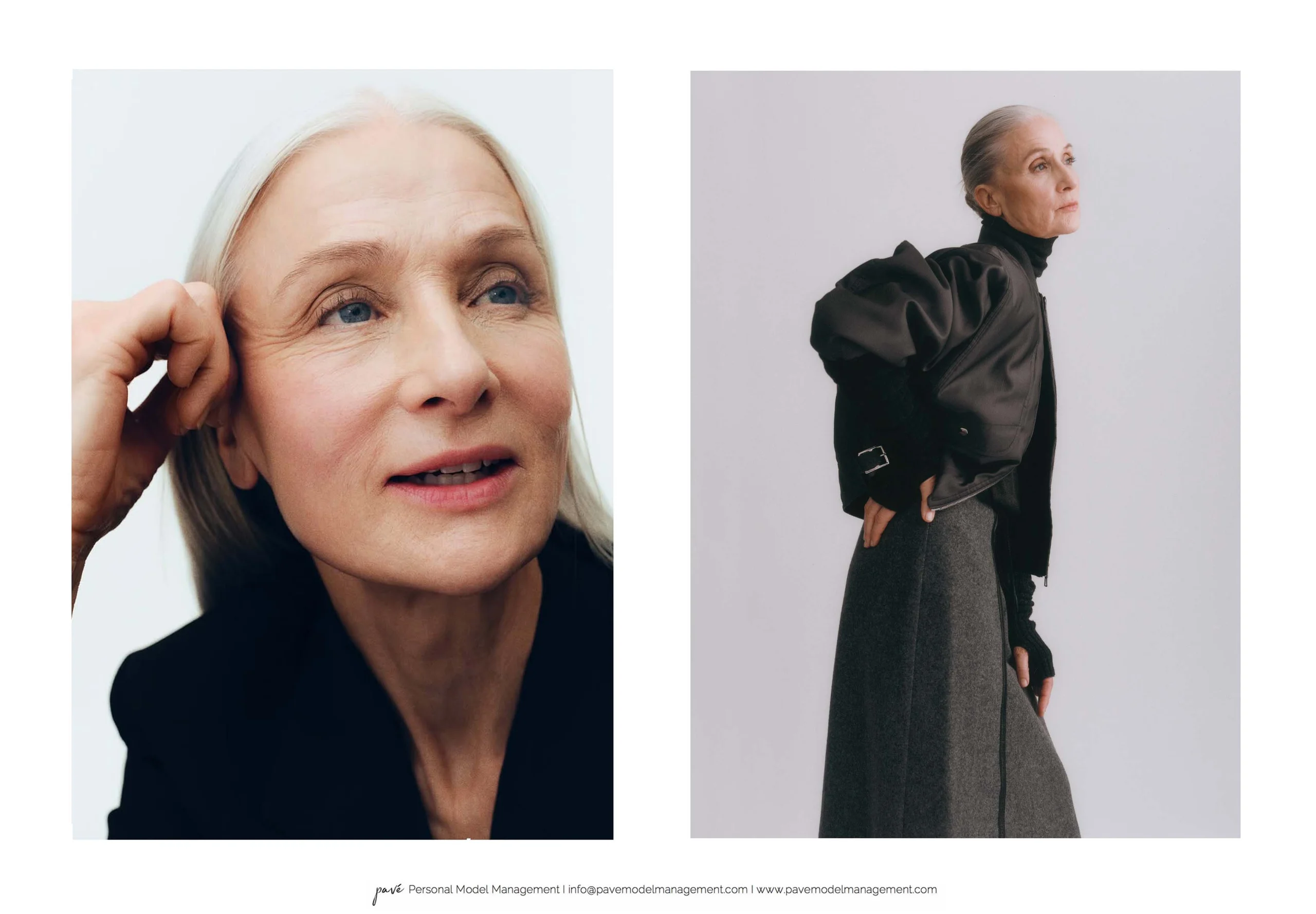 A diptych featuring an older woman with silver hair; a close-up of her face on the left, and a full body shot of her in an avant-garde black jacket and long gray skirt on the right.