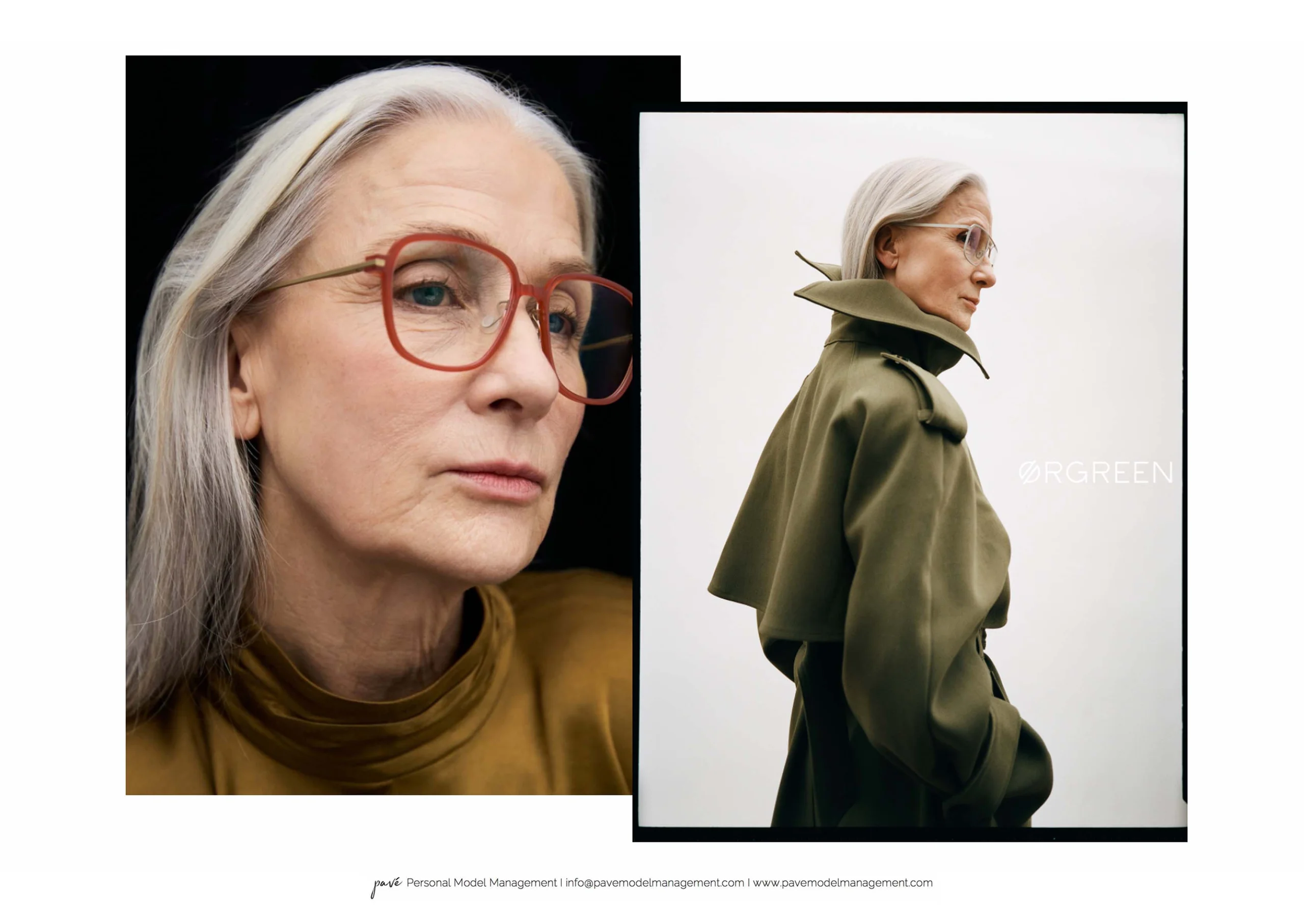 Two portraits of a woman with gray hair wearing glasses, one close-up and one from the side in a trench coat.